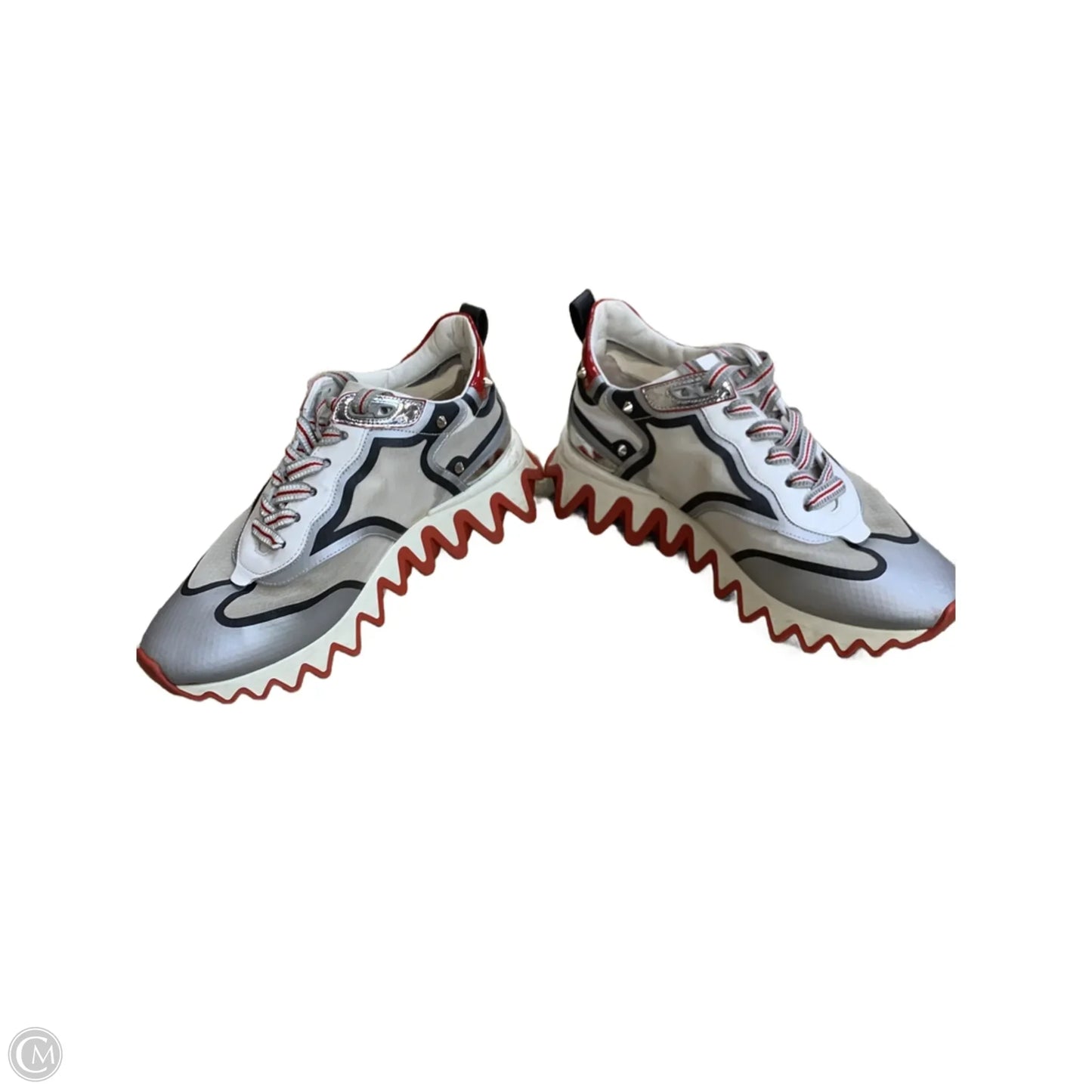 Shoes Luxury Designer By Christian Louboutin In Red & Silver, Size: 7