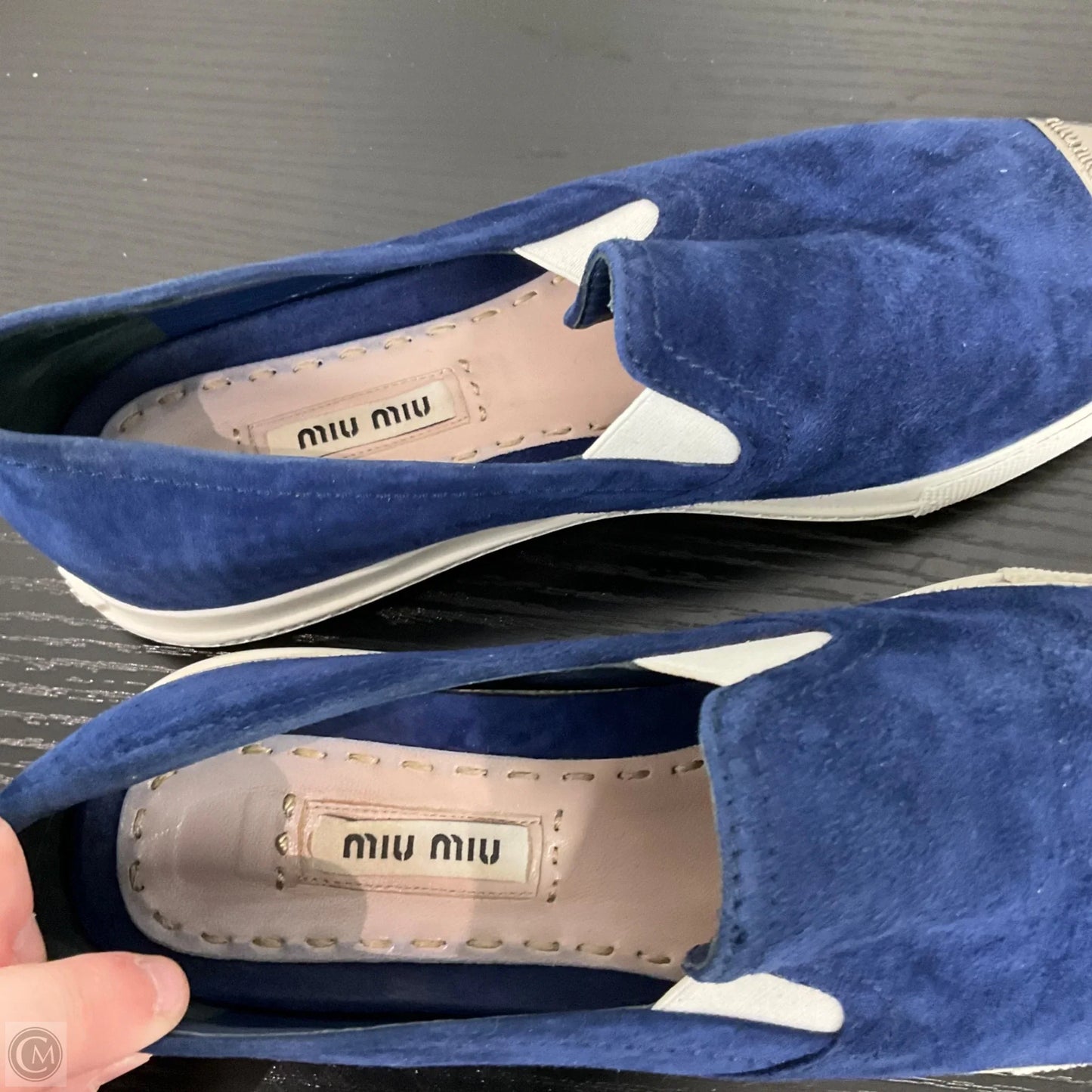 Shoes Luxury Designer By Miu Miu In Blue & Silver, Size: 6.5