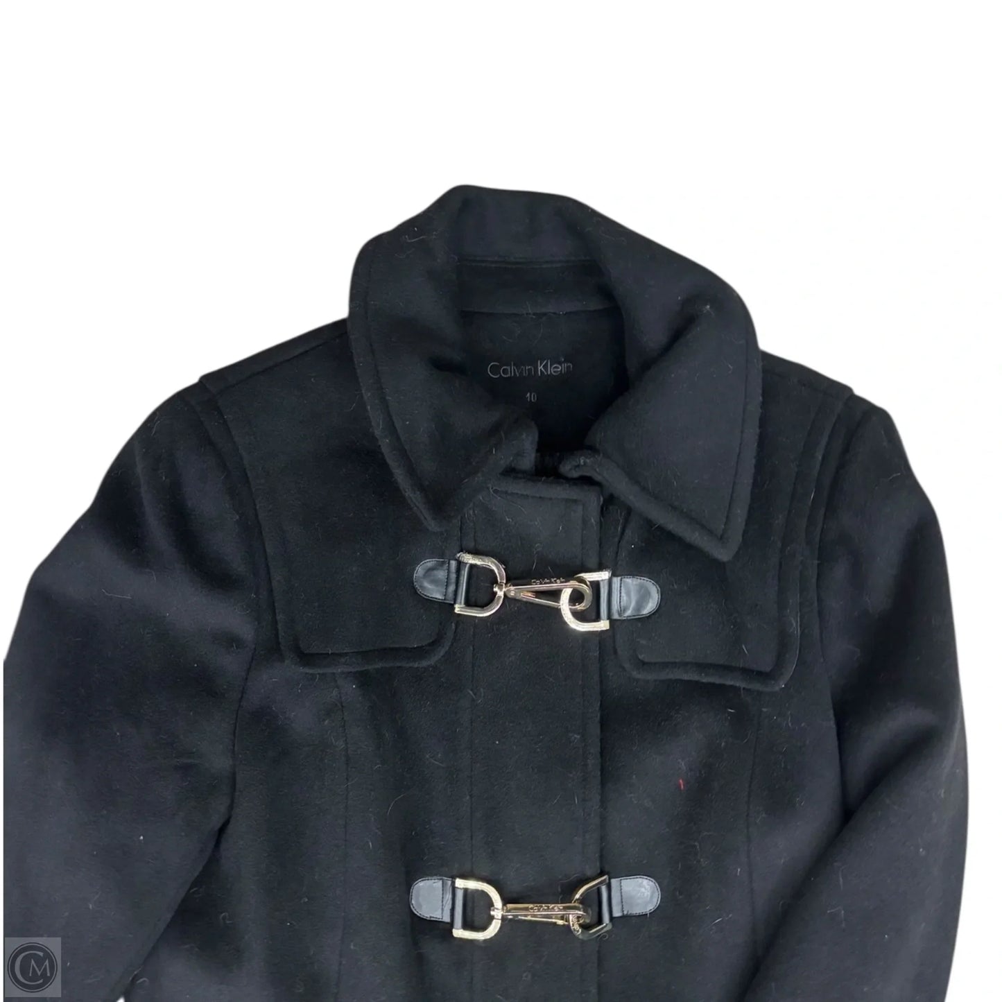 Coat Trench Coat By Calvin Klein In Black & Gold, Size: M