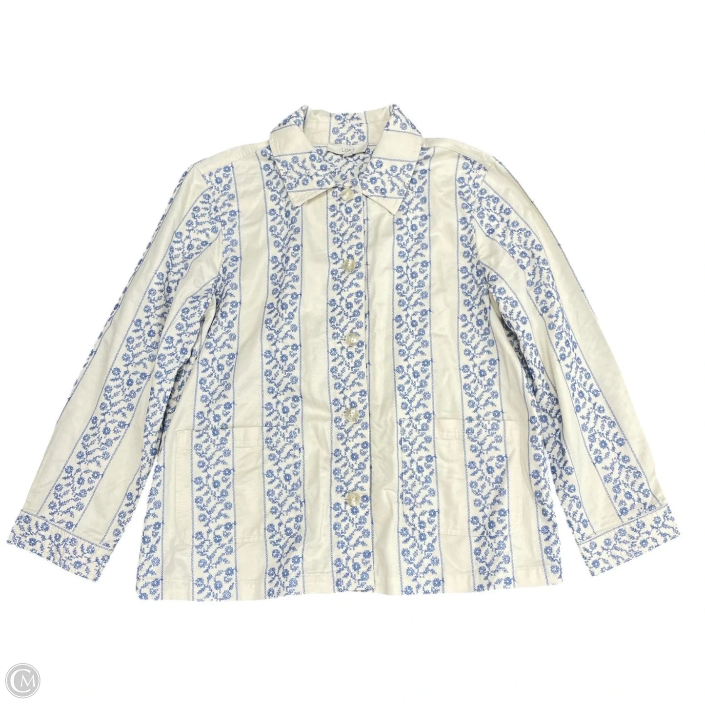 Jacket Shirt By Loft In Blue & Cream, Size: L