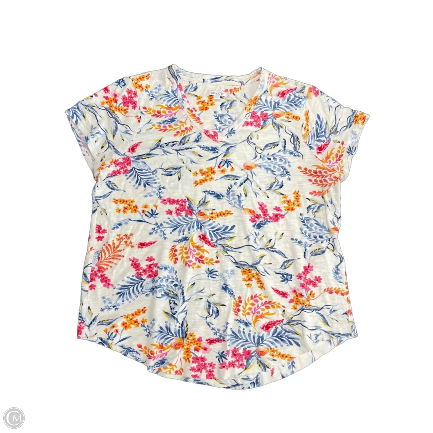 Top Short Sleeve Basic By Chicos In Blue & White, Size: L