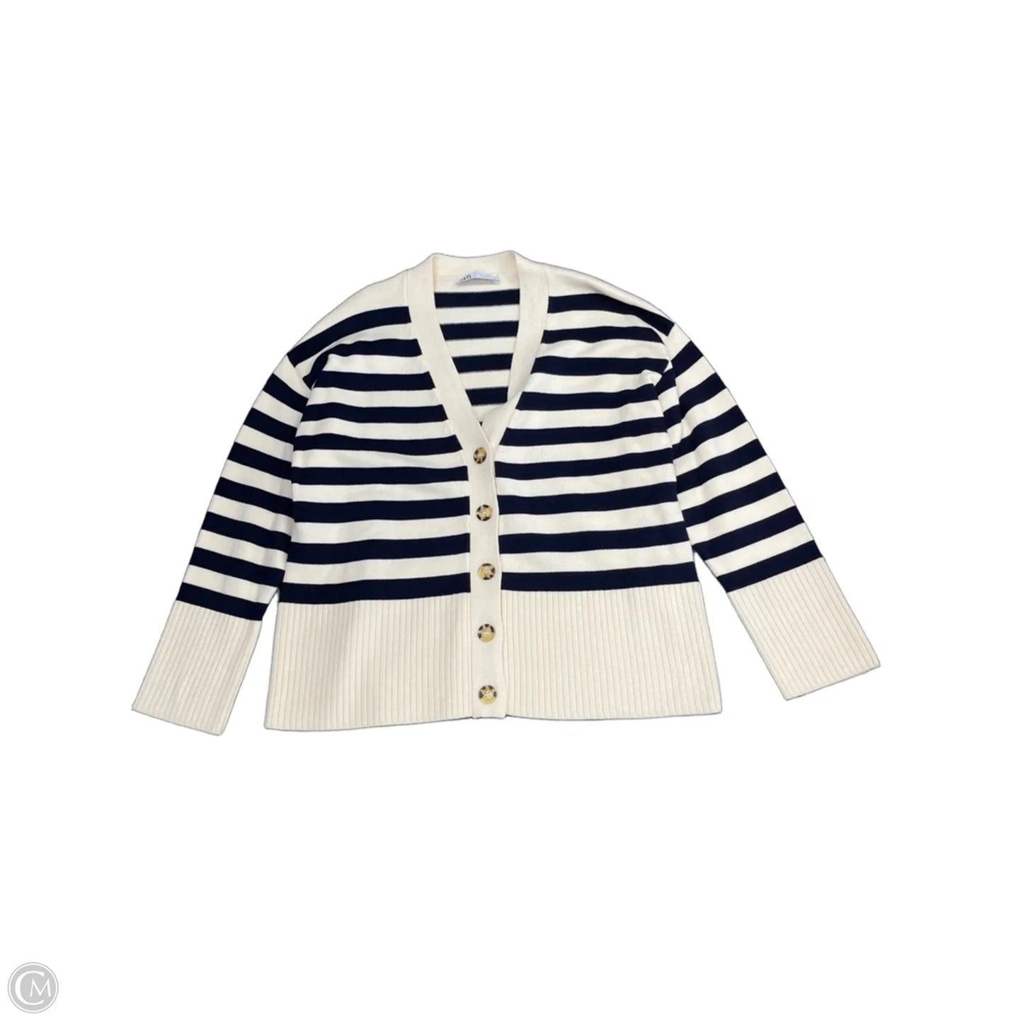 Sweater Cardigan By Zara In Blue & Cream, Size: M