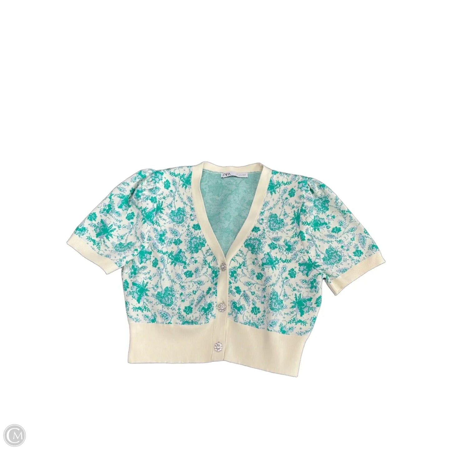 Top Short Sleeve By Zara In Green & White, Size: L