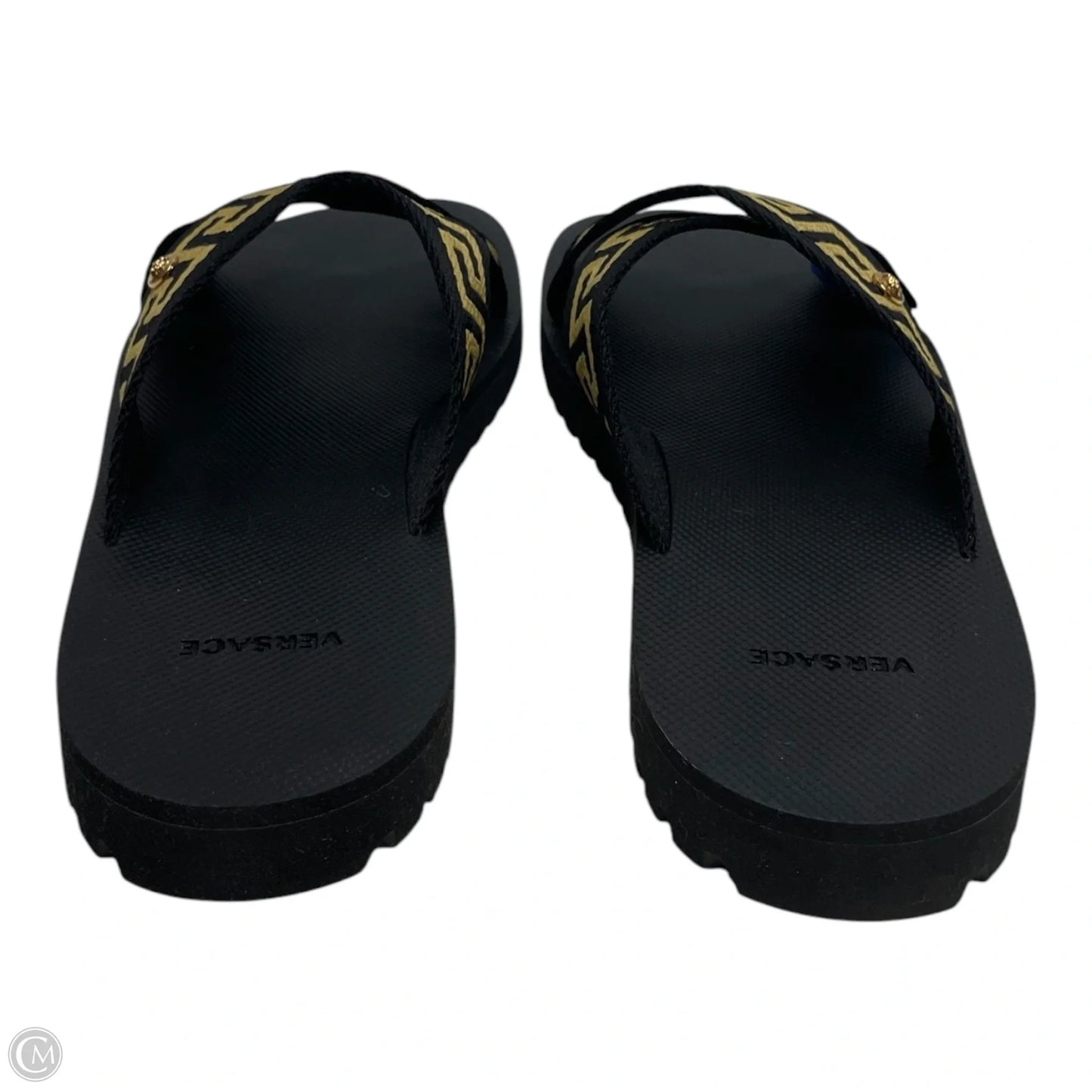 Sandals Luxury Designer By Versace In Black & Gold, Size: 9