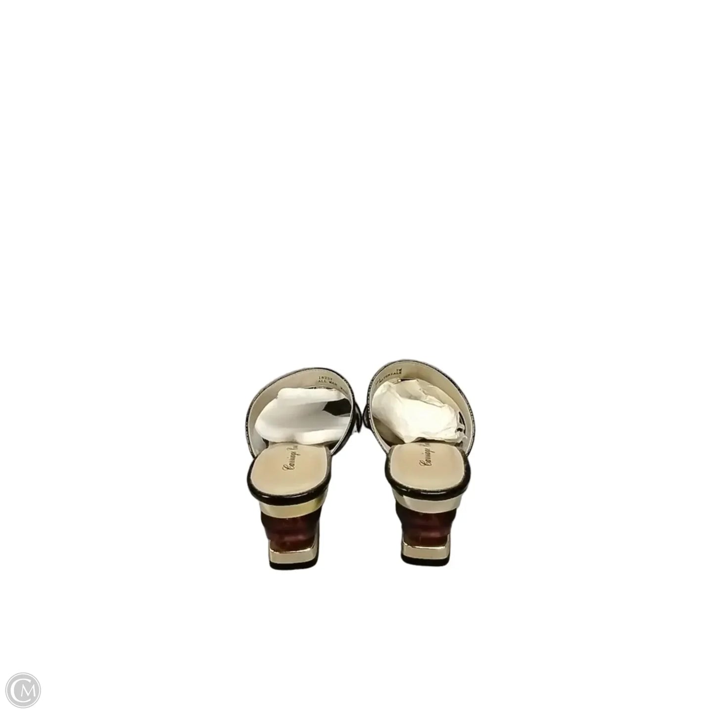 Sandals Heels Kitten By Clothes Mentor In Black & Gold, Size: 7
