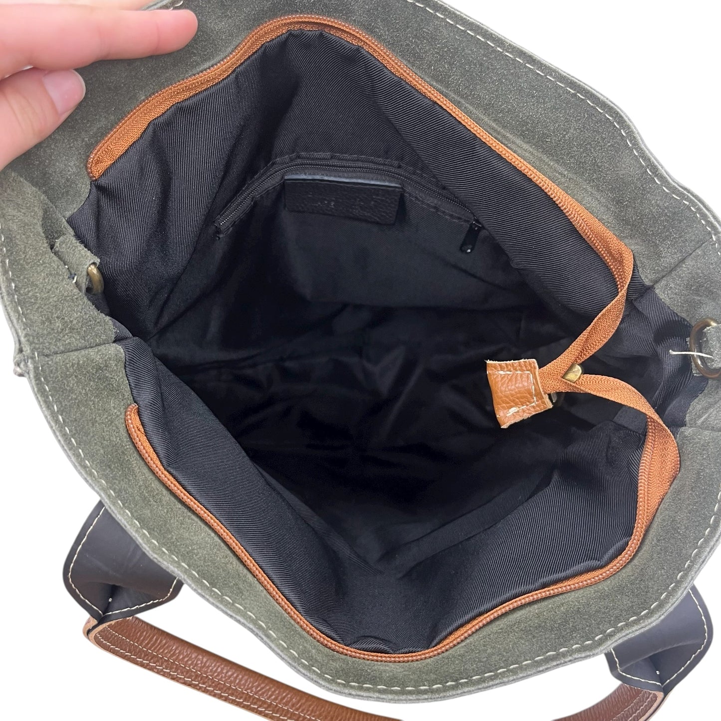 Handbag Leather By Clothes Mentor In Brown & Green, Size:Large