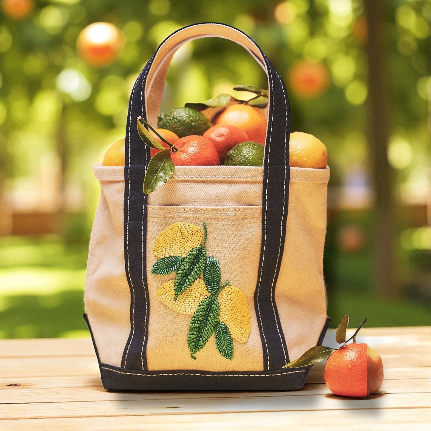 Hartley Beaded canvas lemon Tote By Anthropologie, Size: Small