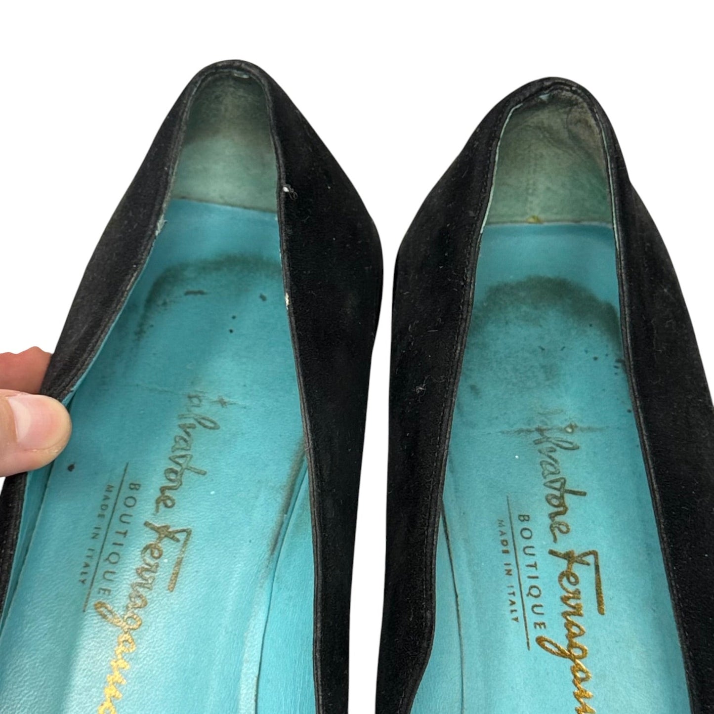 Suede Square Toe Block Heel Shoes Luxury Designer By Ferragamo In Black, Size: 10