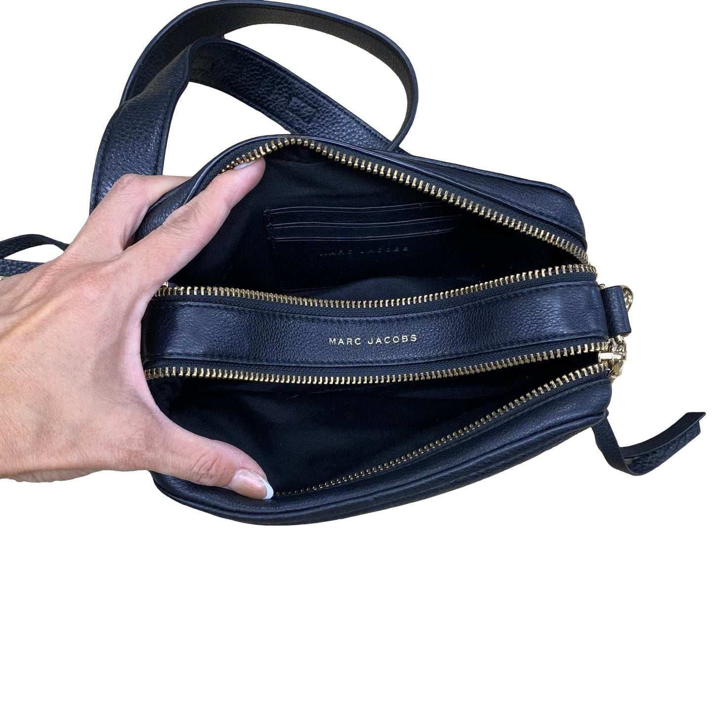 Handbag Designer By Marc Jacobs In Black & Gold, Size:Medium