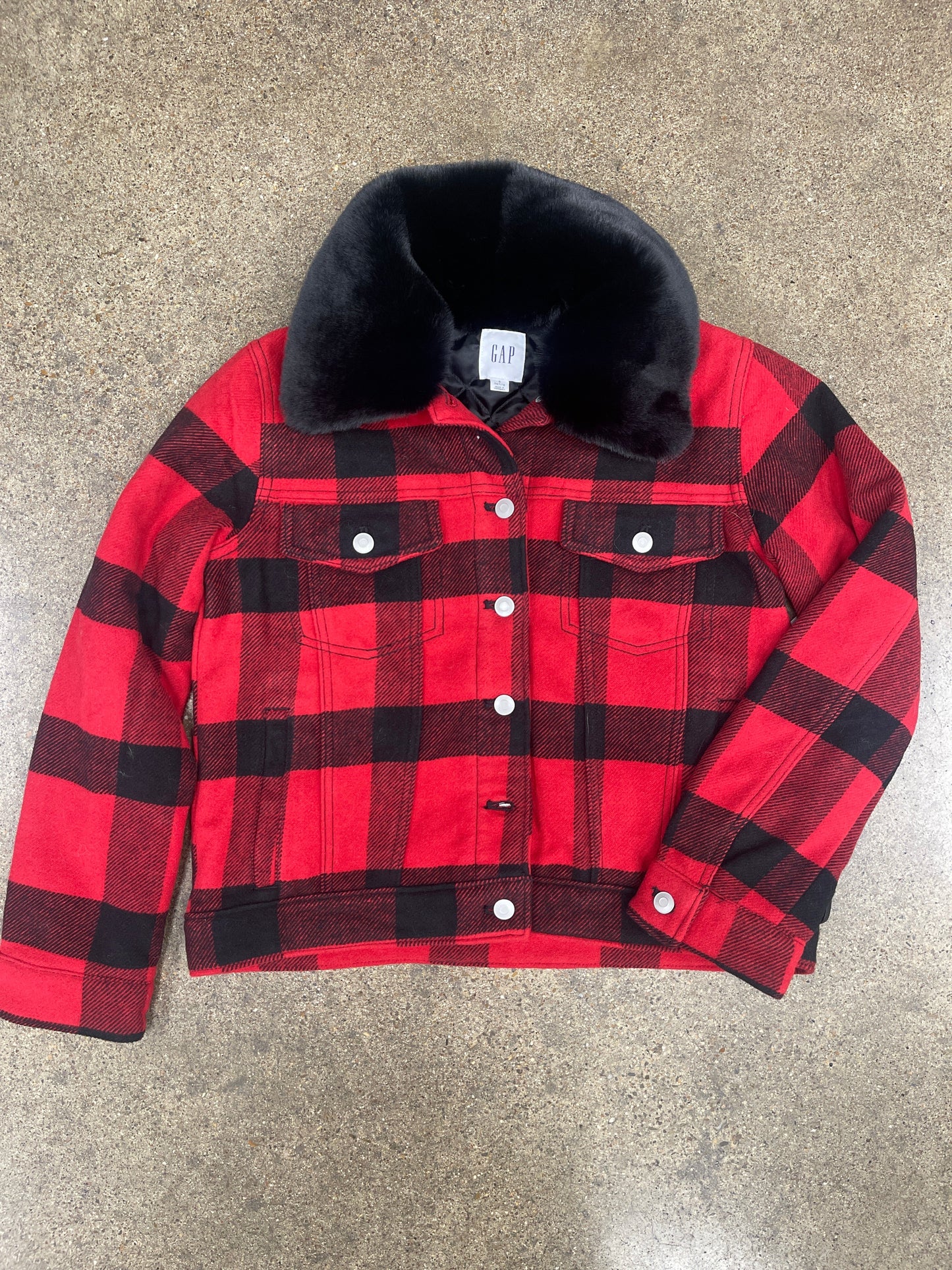Jacket Faux Fur & Sherpa By Gap In Black & Red, Size:Sp