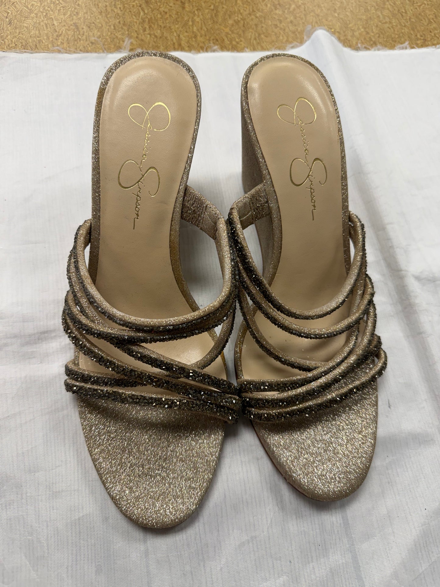 Sandals Heels Block By Jessica Simpson In Gold, Size:10.5