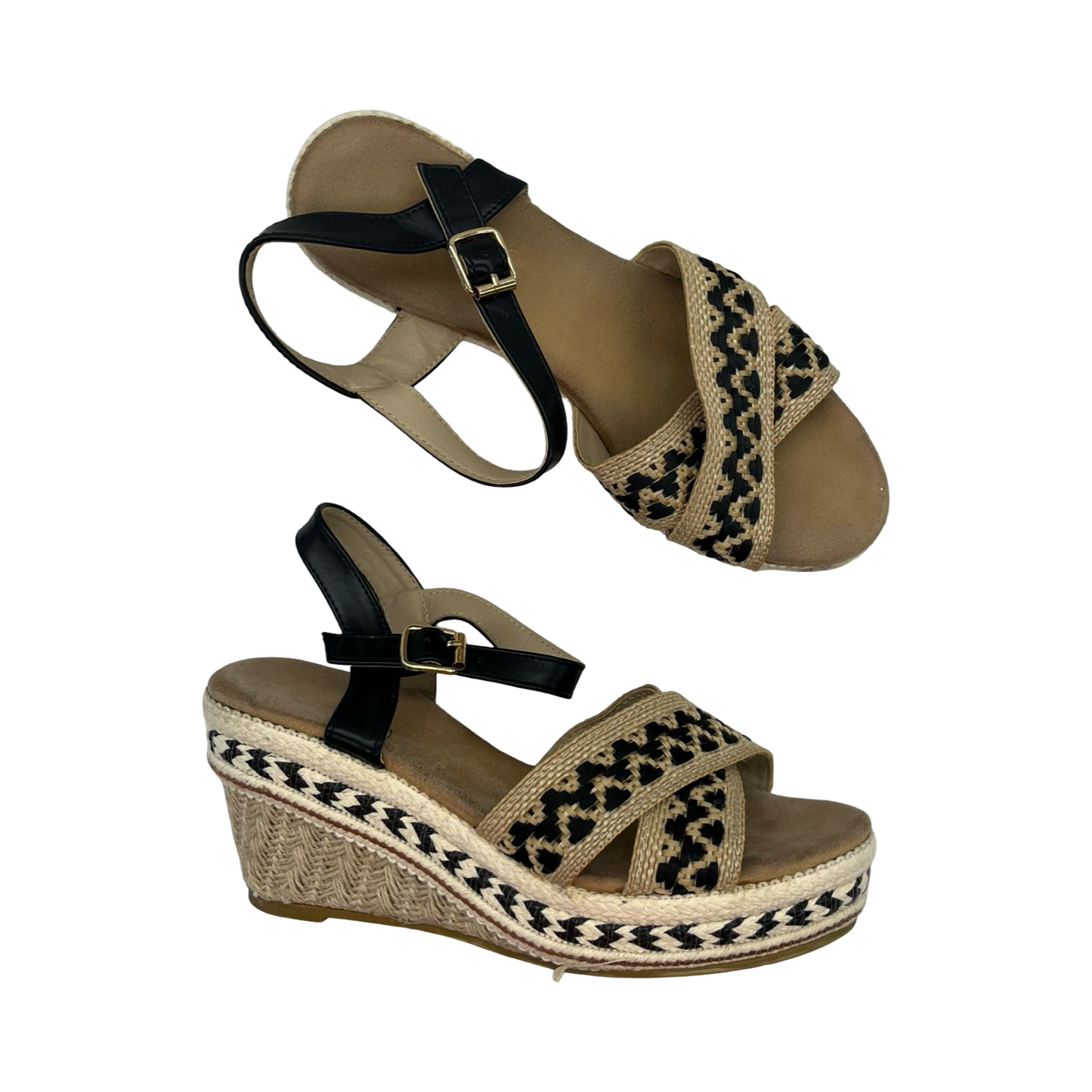 Sandals Heels Wedge By Clothes Mentor In Brown & Cream, Size:8.5