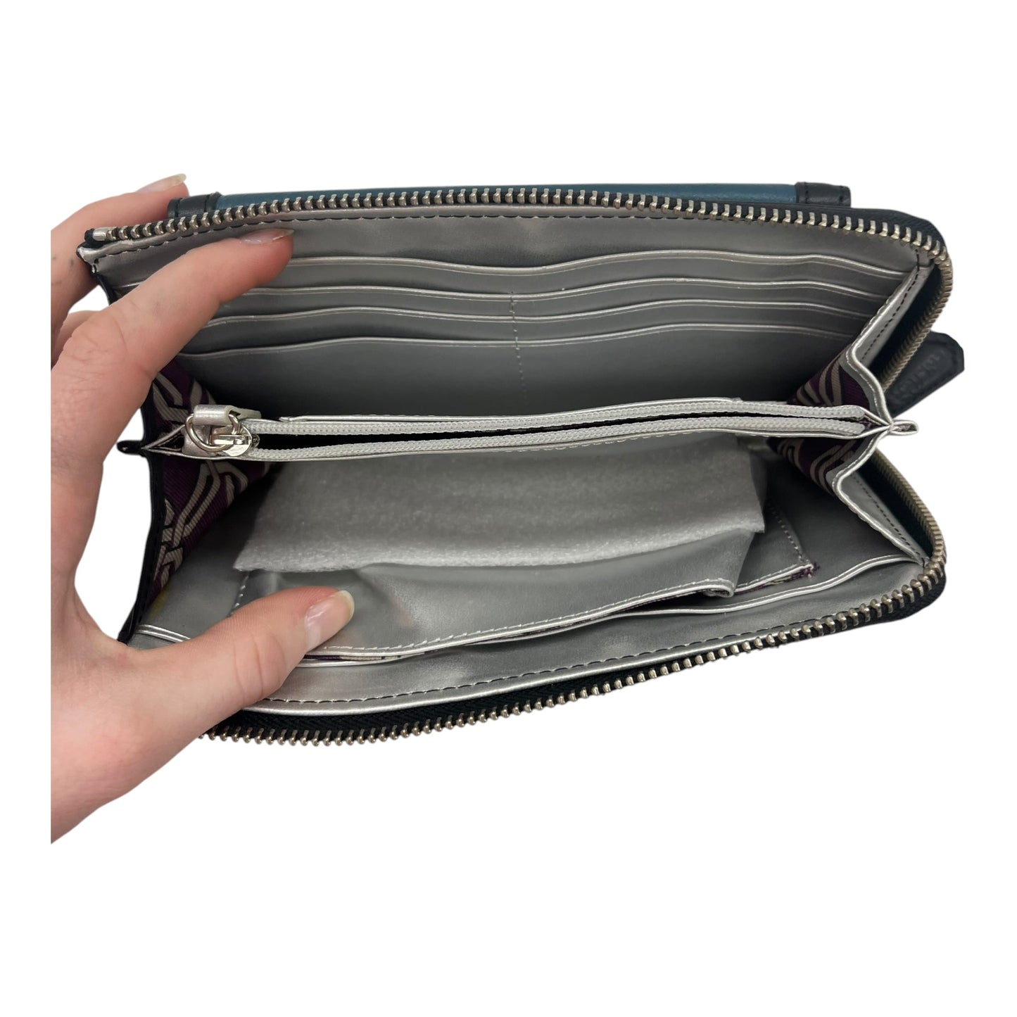 Wallet Leather By Perlina In Black & Green, Size:Medium