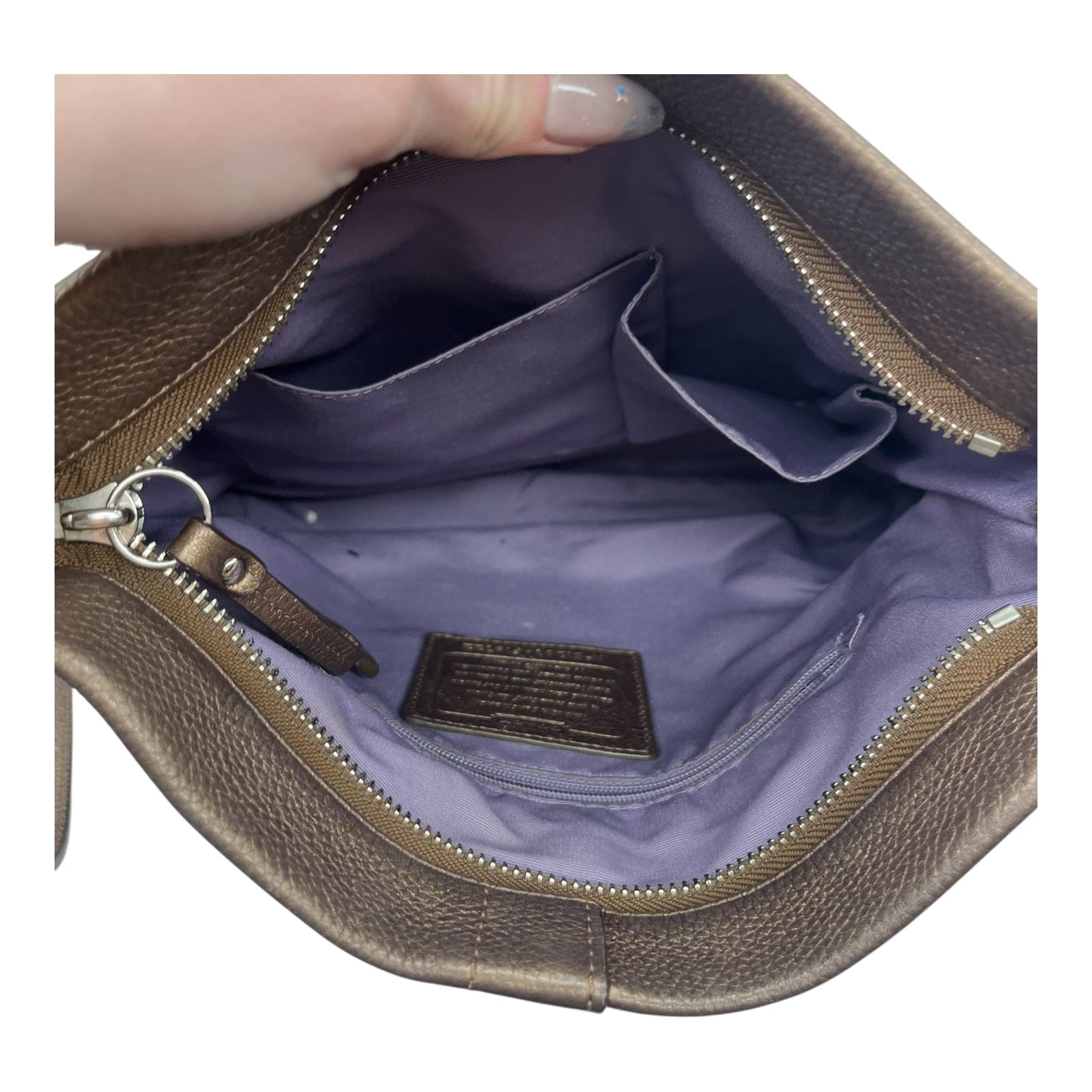 Crossbody Designer By Coach In Bronze, Size:Medium