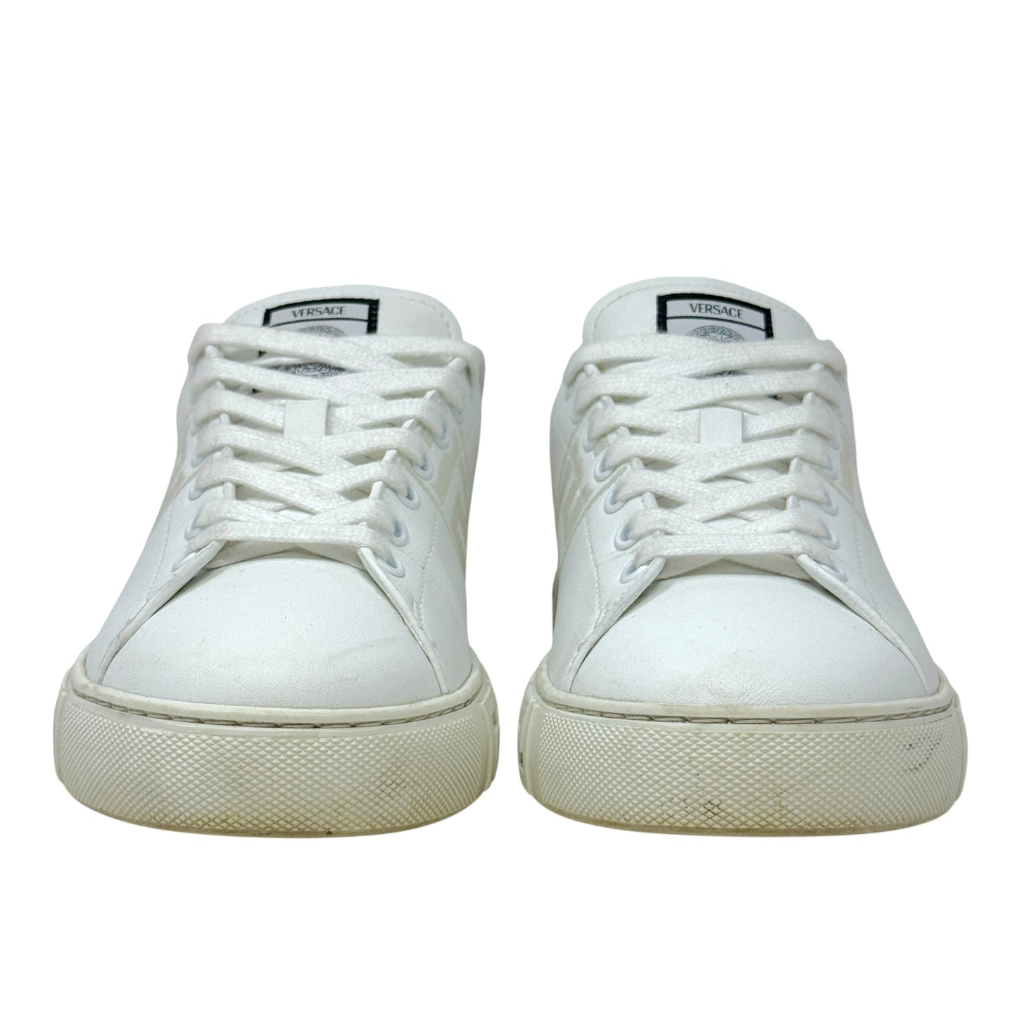 Greca Leopard Embroidered Sneakers Luxury Designer By Versace In White, Size: 7.5