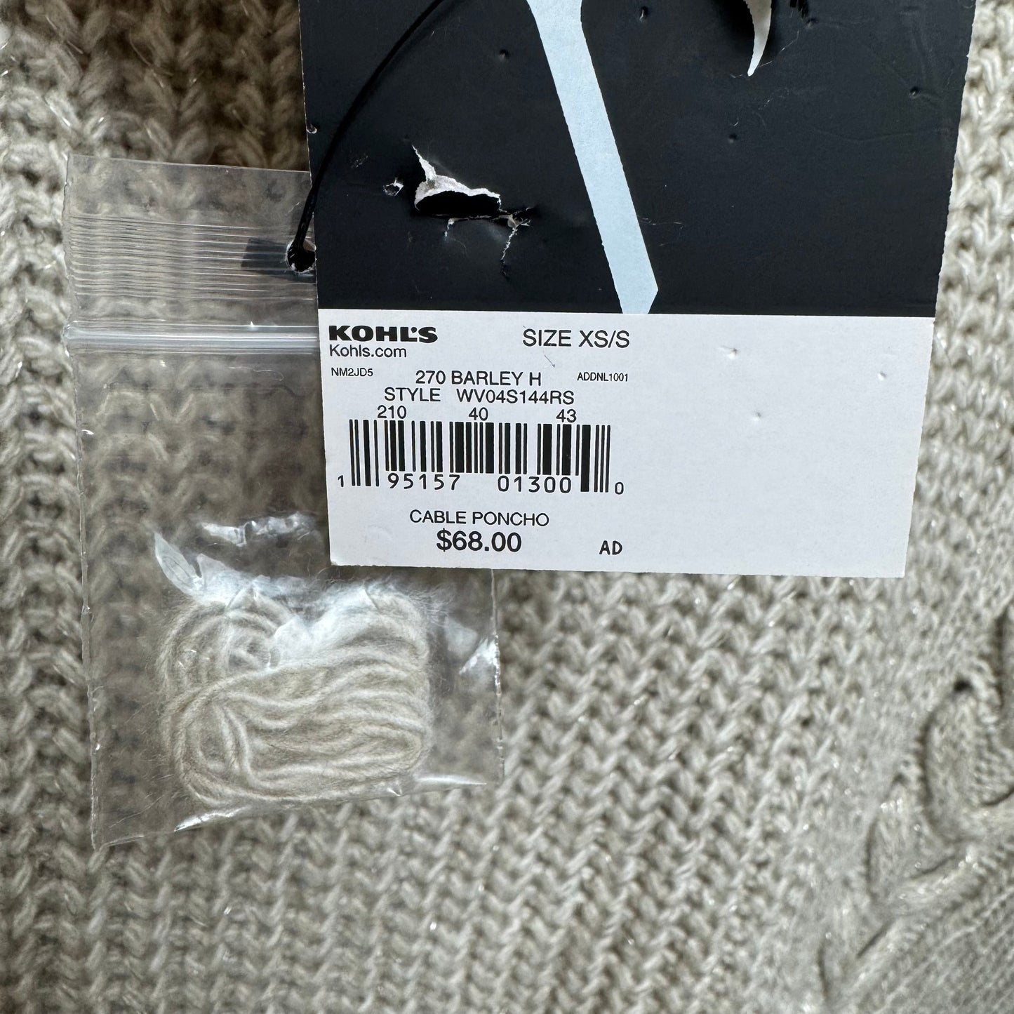 Cable Knit Poncho Sweater By Simply Vera In Beige, Size: XS/S