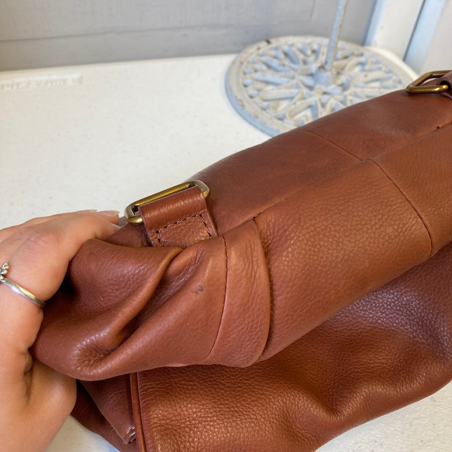 Handbag Leather By American In Brown, Size:Medium