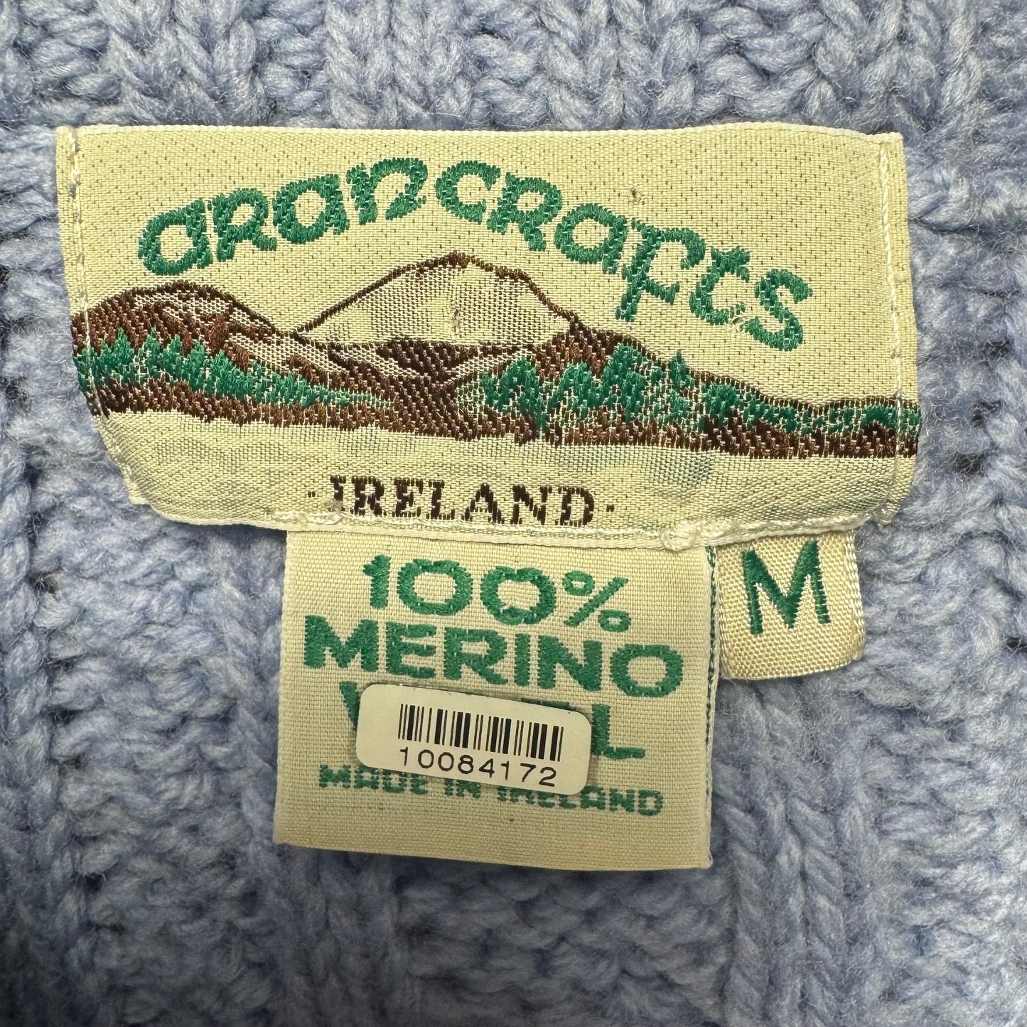 Cable Knit Merino Wool Zip Sweater Cardigan By Arancrafts In Blue, Size: M
