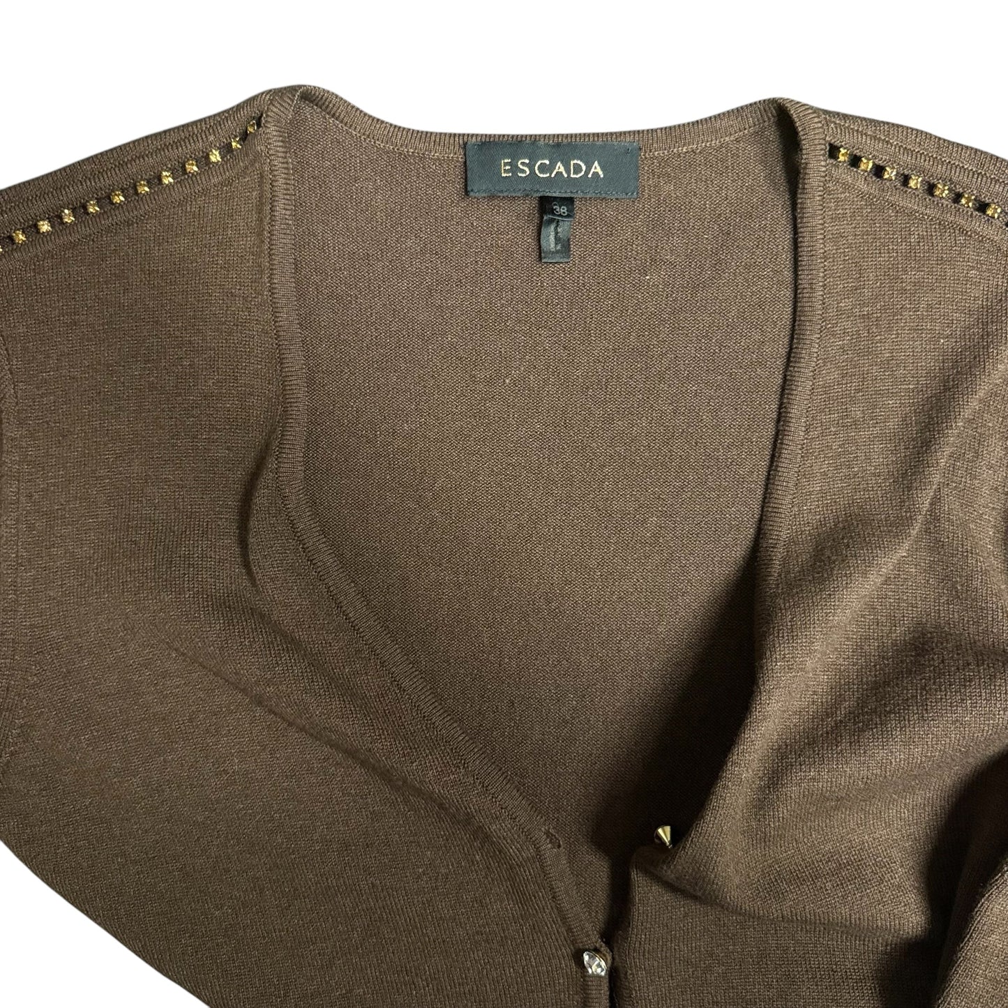 Wool Cashmere Silk Blend & Crystal Embellished Cardigan Sweater Twin Set Designer By Escada In Brown, Size: 6