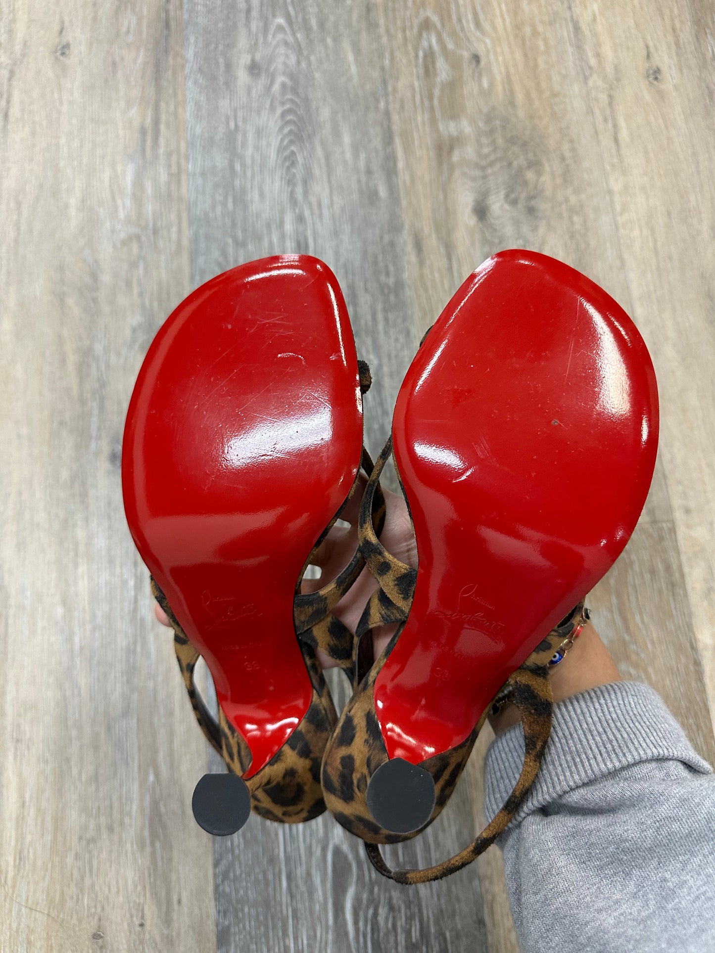 Sandals Luxury Designer By Christian Louboutin In Animal Print, Size: 8/38