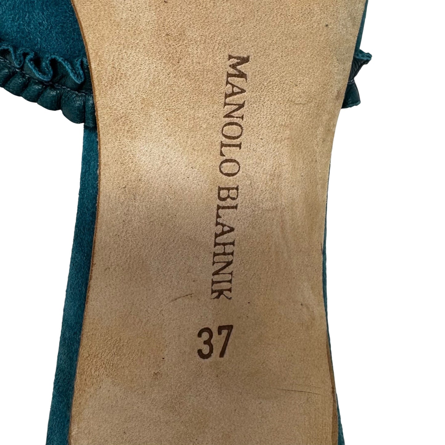 Lasercut Suede Kitten Heel Mules Luxury Designer By Manolo Blahnik In Teal, Size: 37
