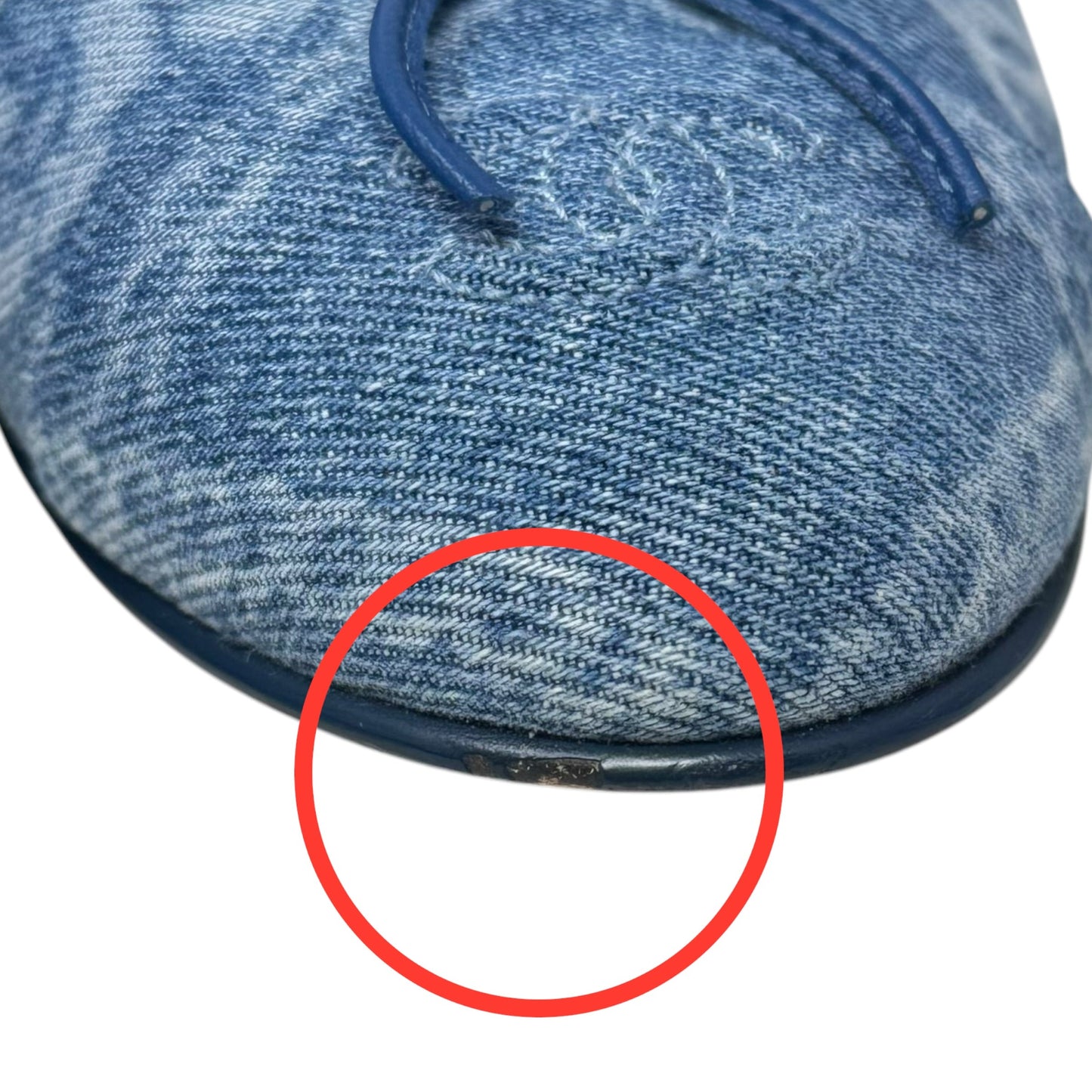 Printed Denim Cap Toe Ballerina Flats Shoes Luxury Designer By Chanel In Blue Denim, Size: 39.5