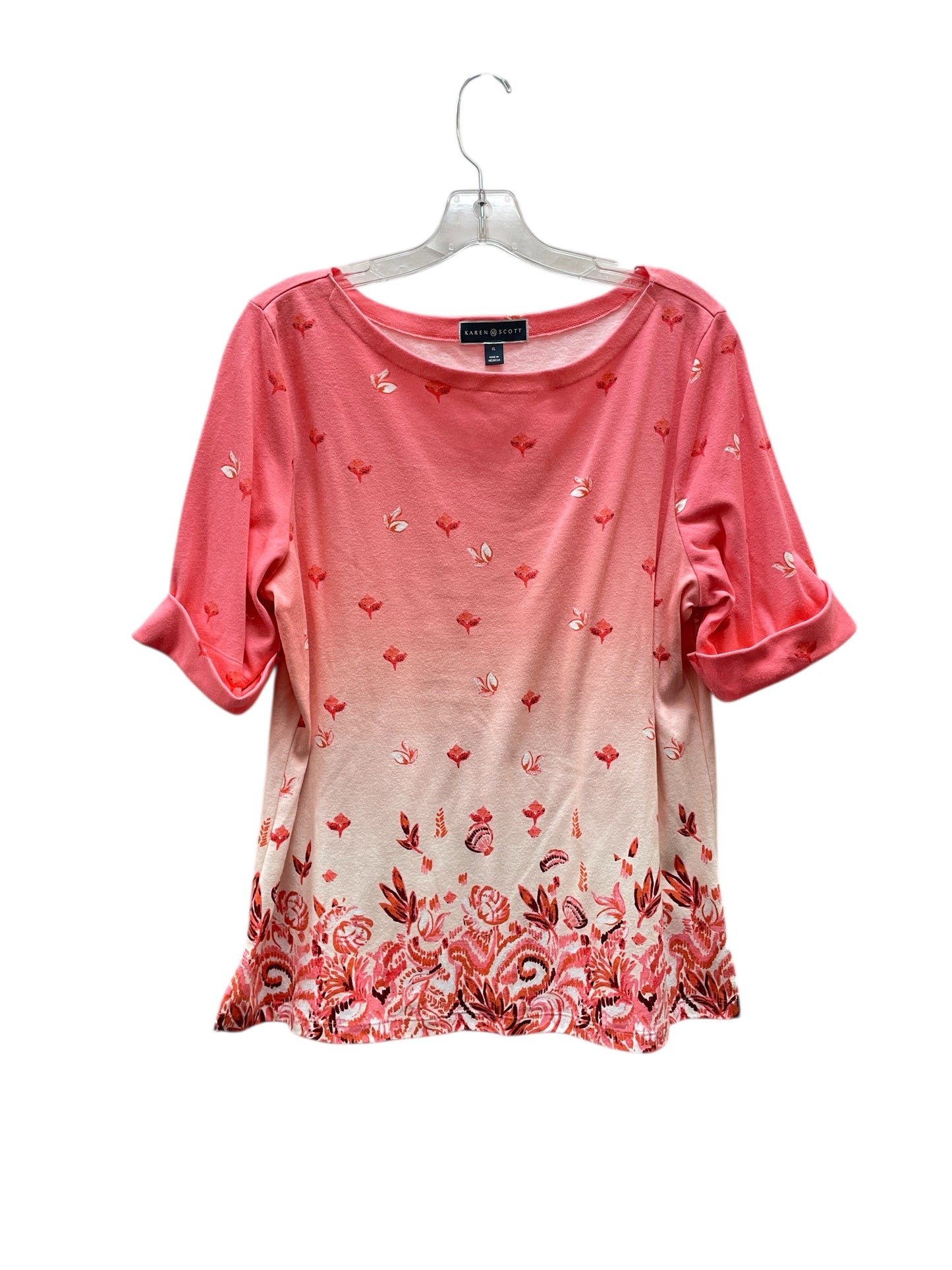 Top 3/4 Sleeve By Karen Scott In Pink & White, Size:Xl