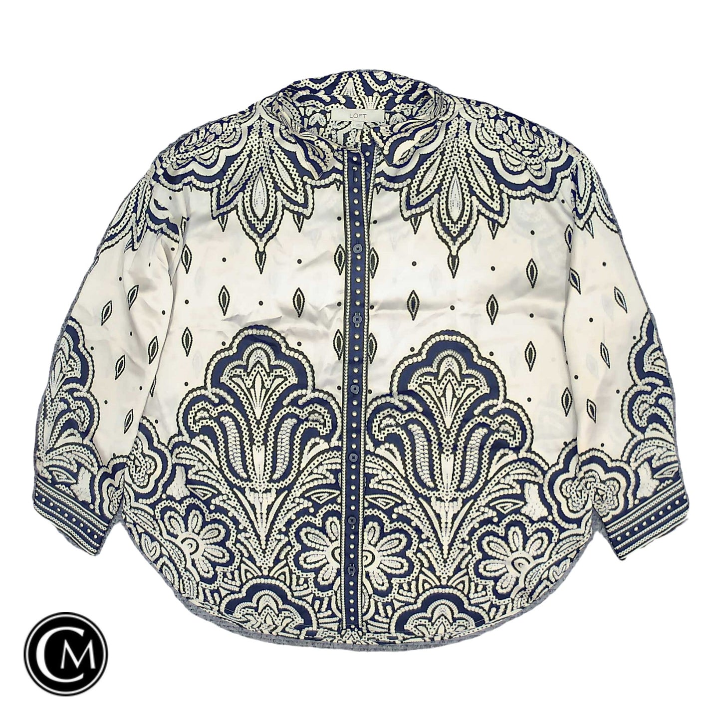 Blouse Ls By Loft In Blue & Cream, Size: L