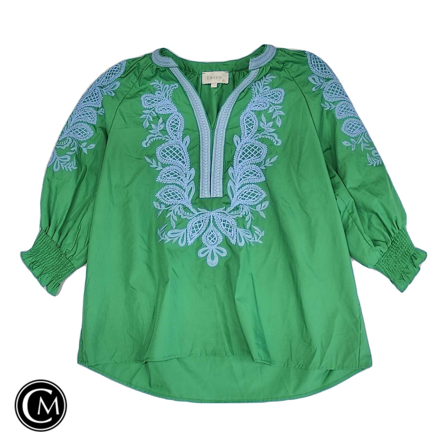 Blouse 3/4 Sleeve By Entro In Blue & Green, Size: M
