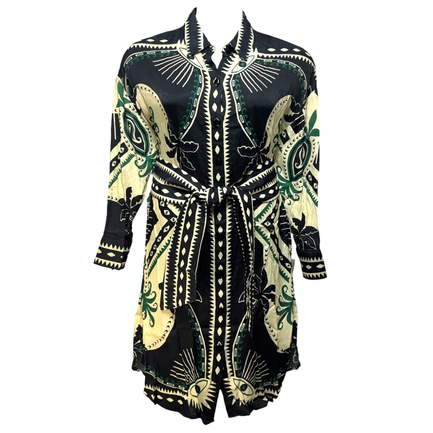Mystic Scarf Chemise Dress Designer By Farm Rio In Black & Cream, Size: L