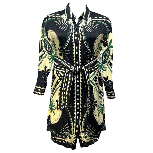 Mystic Scarf Chemise Dress Designer By Farm Rio In Black & Cream, Size: L