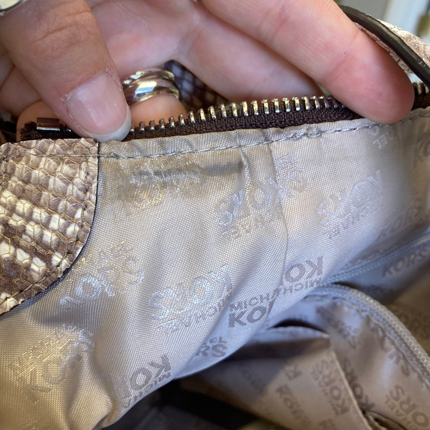 Handbag Designer By Michael Kors In Snakeskin Print, Size:Medium