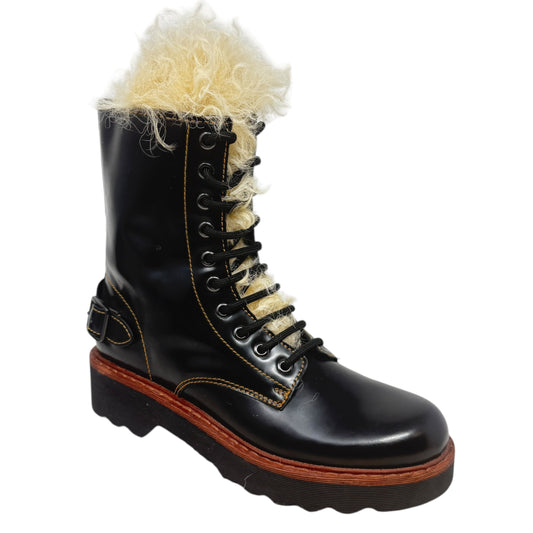 Moto Hiker Boot With Shearling Designer By Coach In Black & Cream, Size: 7.5