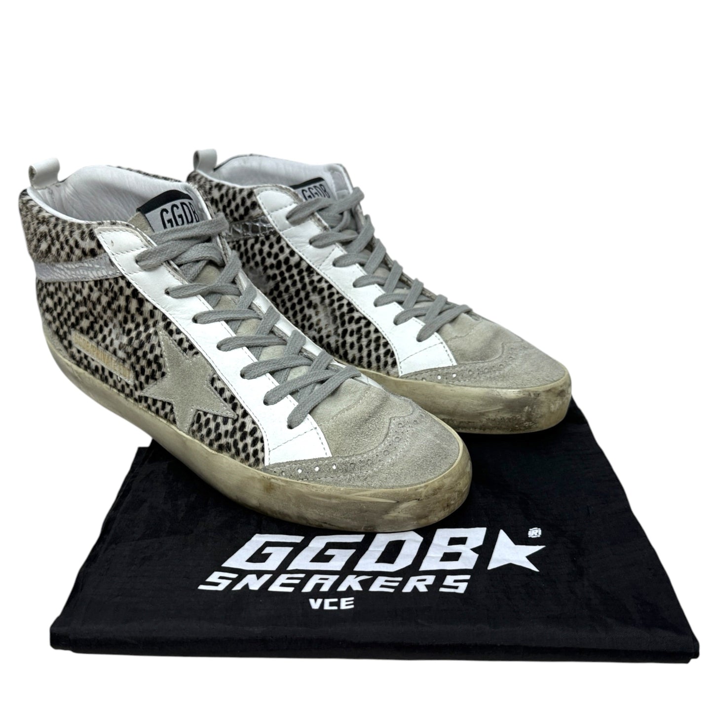 Mid Star Animal Print Leather Sneakers Luxury Designer By Golden Goose In Brown & Cream, Size: 10 (40)