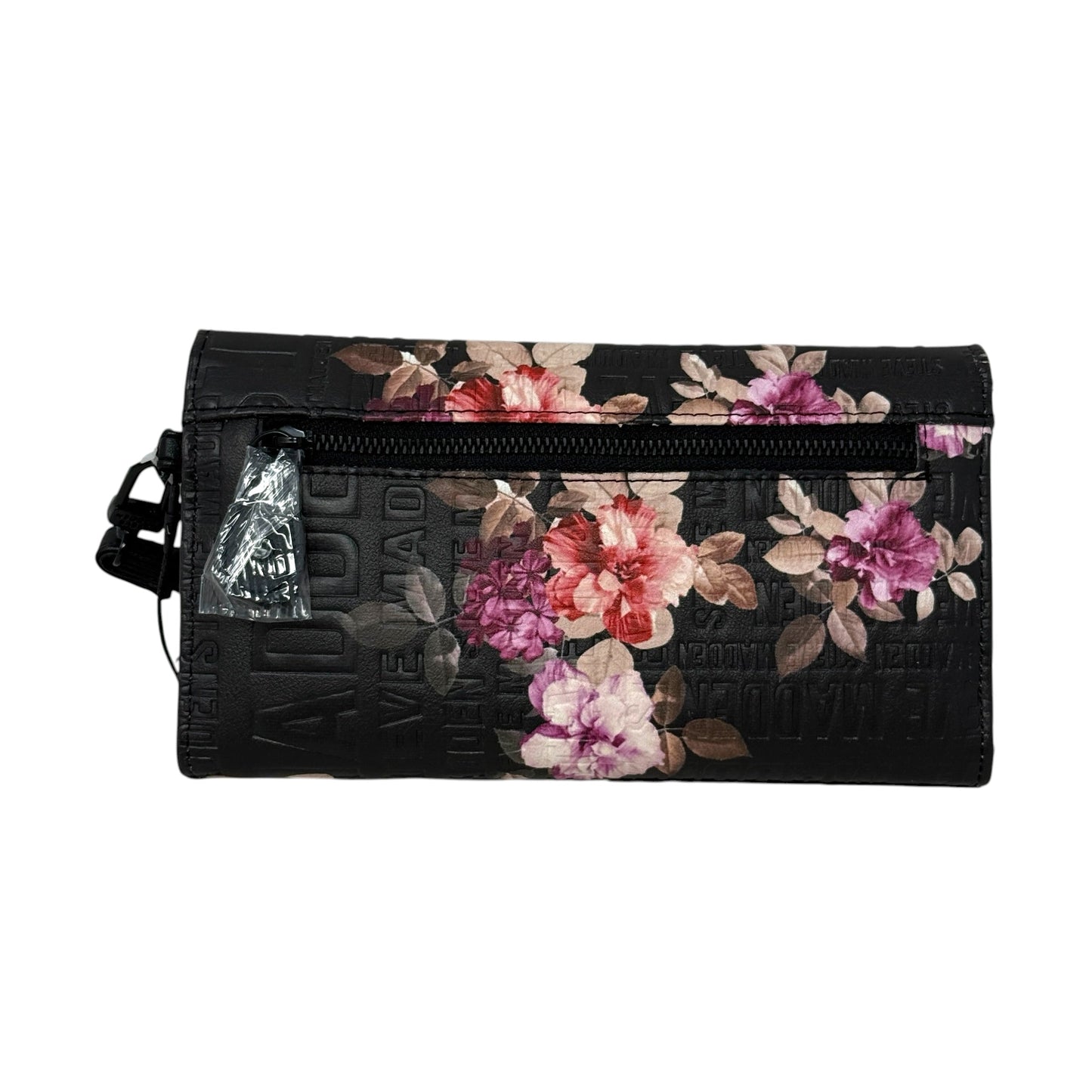 Black Floral Logobar Trifold Wristlet Wallet By Steve Madden, Size: Large