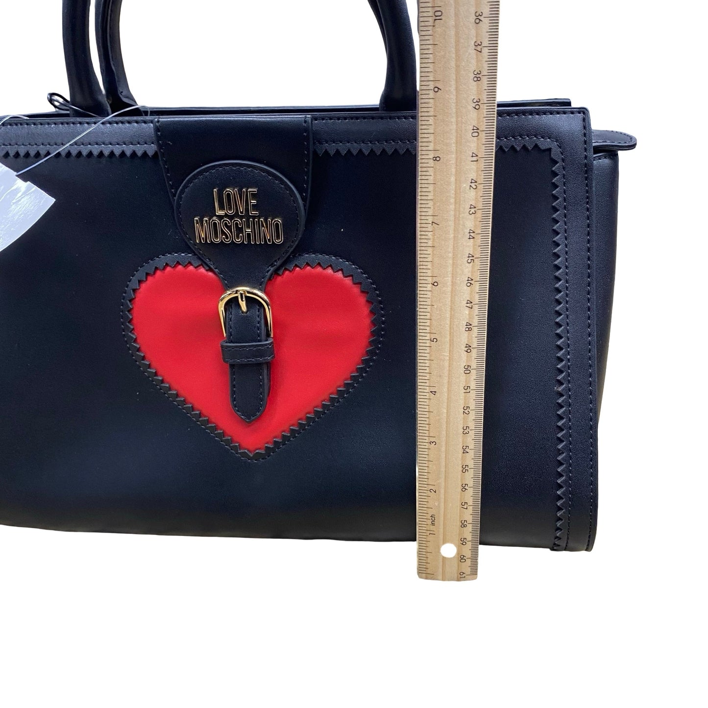 Designer Handbag By Love Moschino In Black & Red, Size:Large