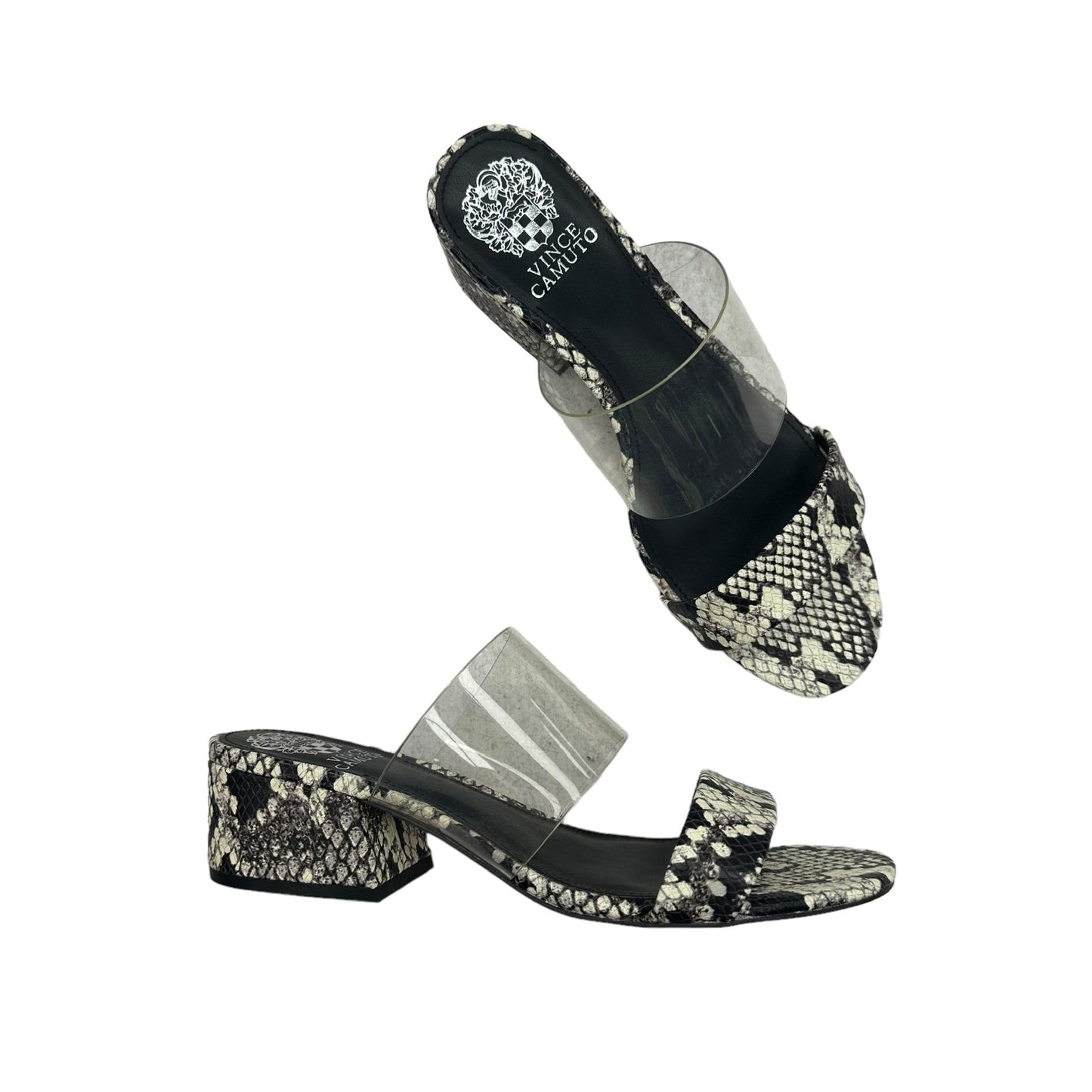 SNAKESKIN PRINT SANDALS HEELS BLOCK by VINCE CAMUTO, SIZE 8.5