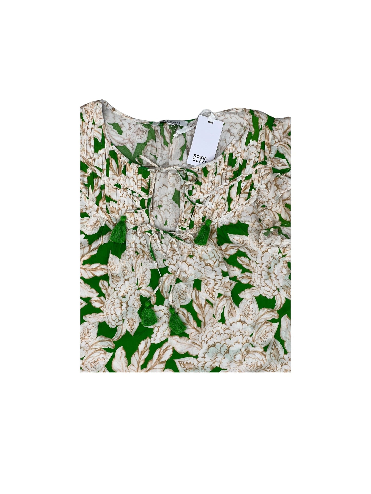 Cream & Green Top Short Sleeve Rose And Olive, Size S