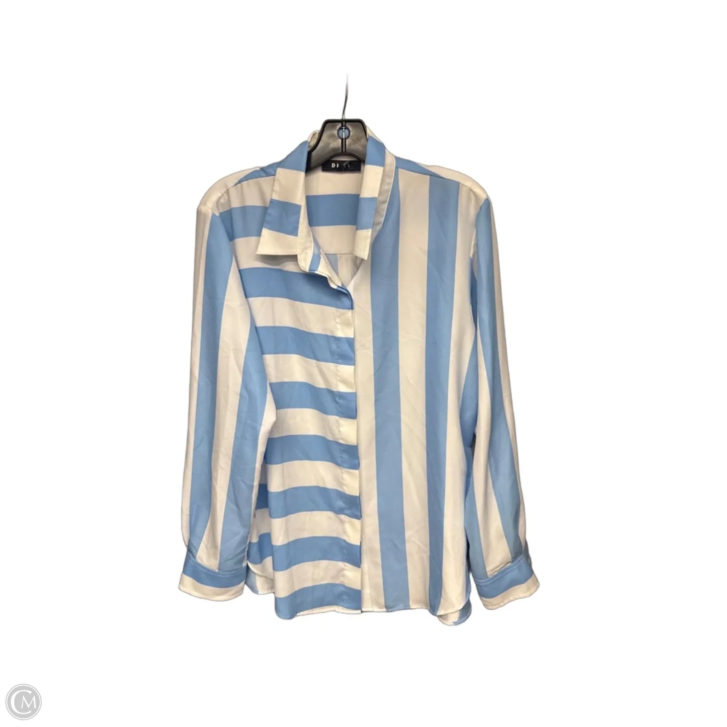 Blouse Long Sleeve By Dkny In Blue & White, Size: L