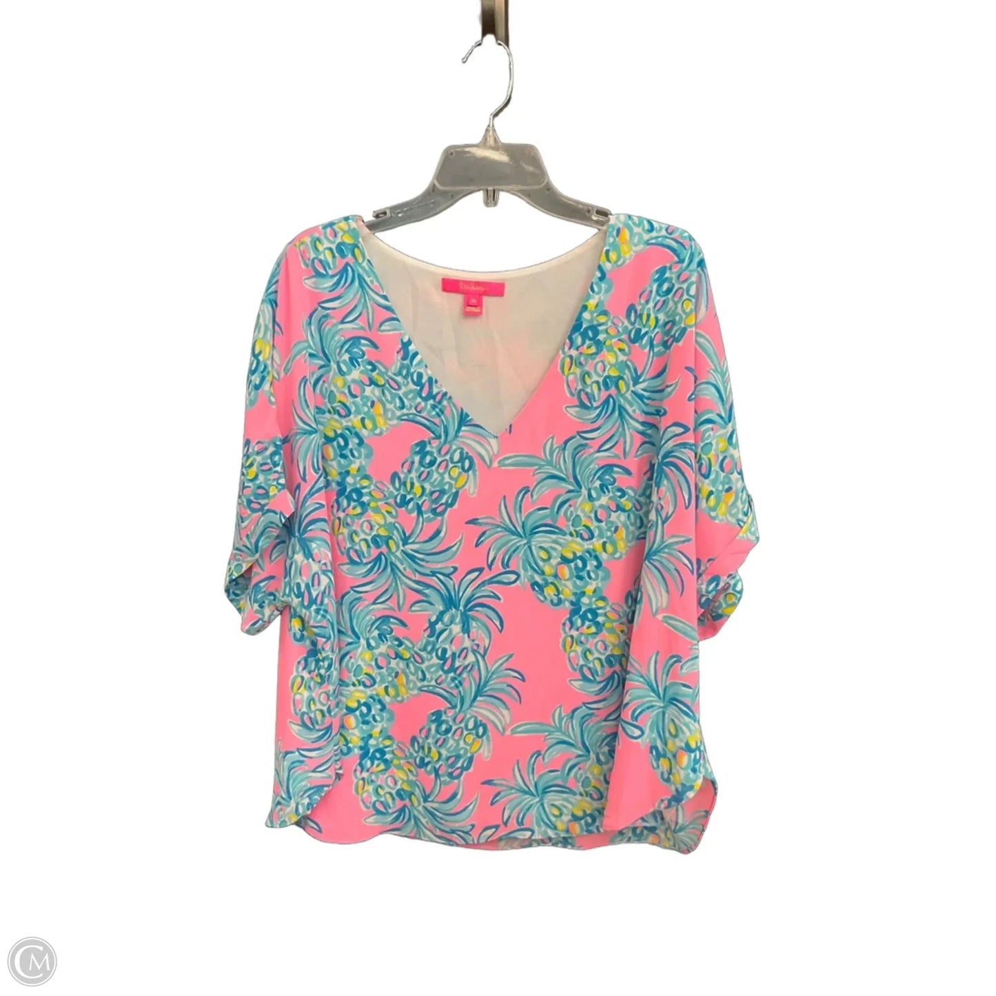 Top Short Sleeve Designer By Lilly Pulitzer In Blue & Pink, Size: Xl
