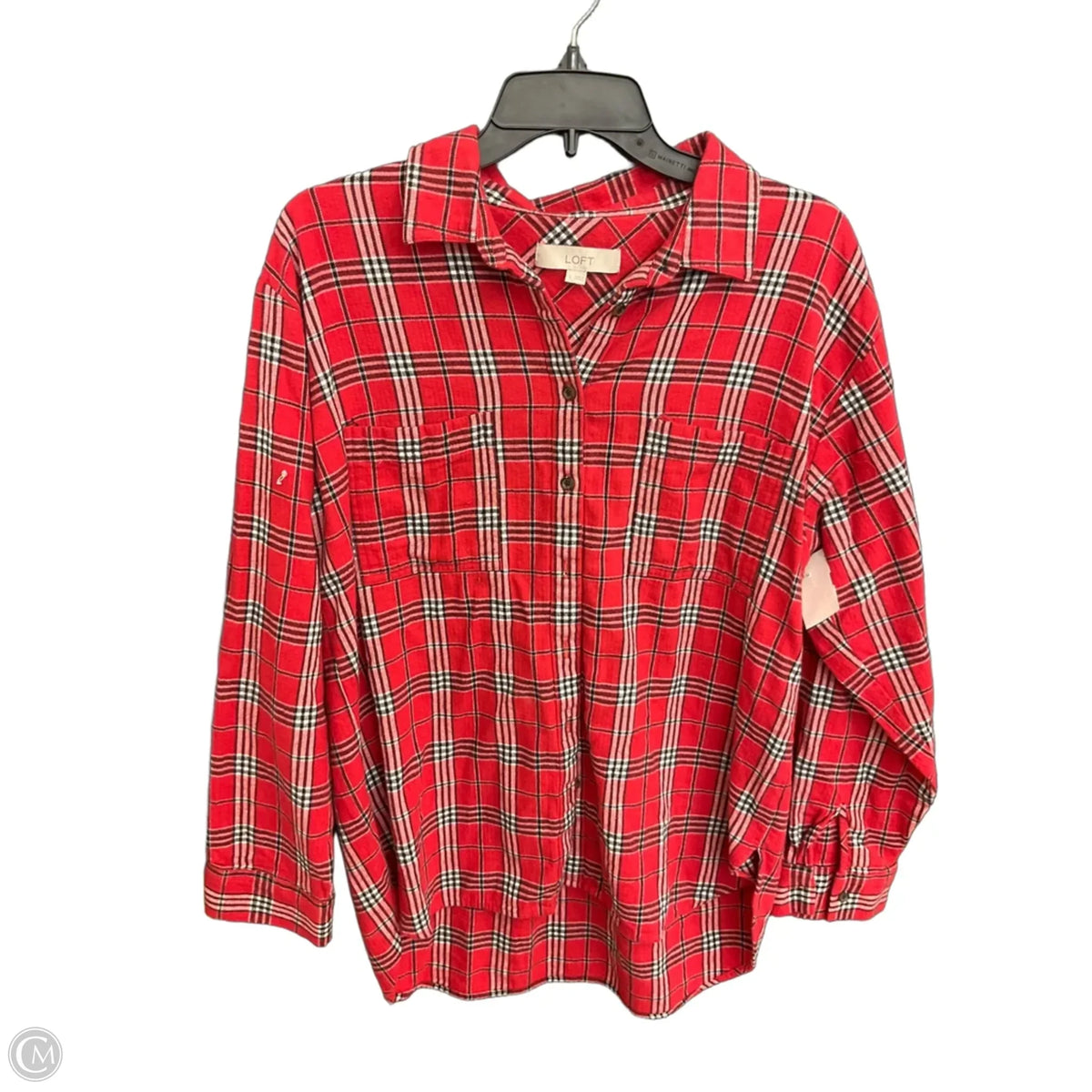 Blouse Long Sleeve By Loft In Plaid Pattern, Size: L