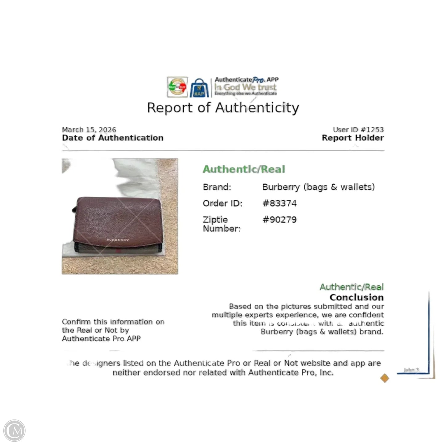 Wallet Luxury Designer By Burberry, Size: Medium