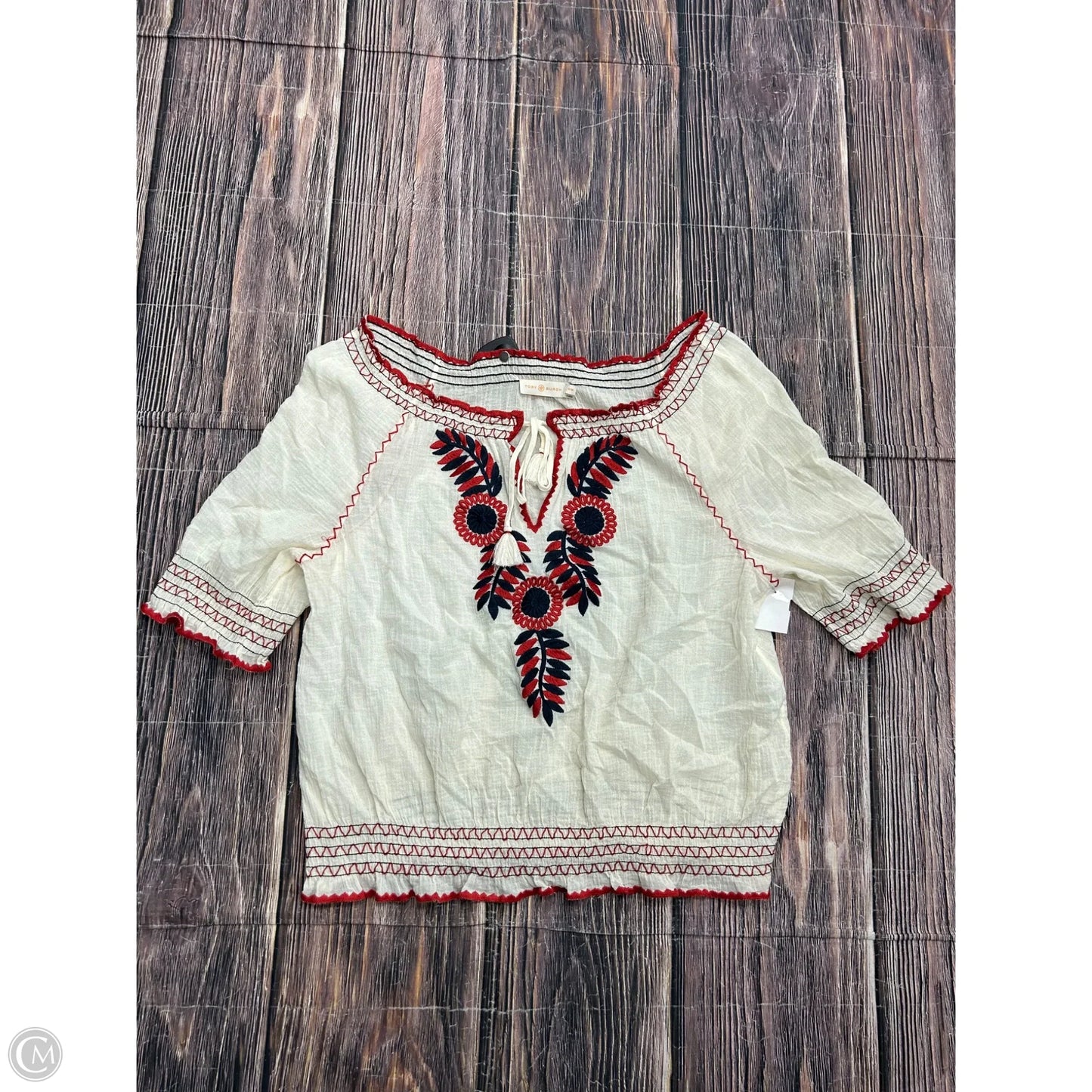 Top Short Sleeve Designer By Tory Burch In Cream, Size: M