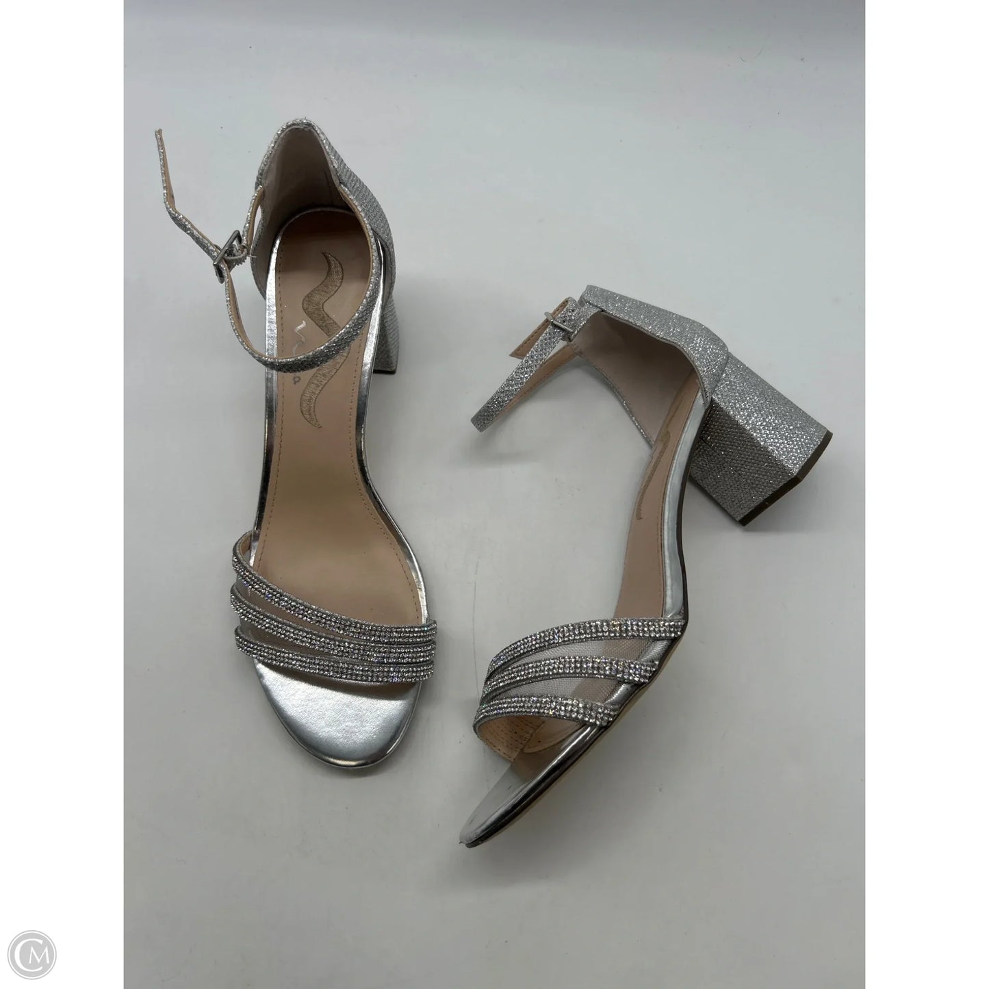 Sandals Heels Block By Clothes Mentor In Silver, Size: 9.5