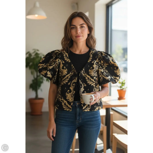 Top Short Sleeve By Cmb In Black & Gold, Size: L