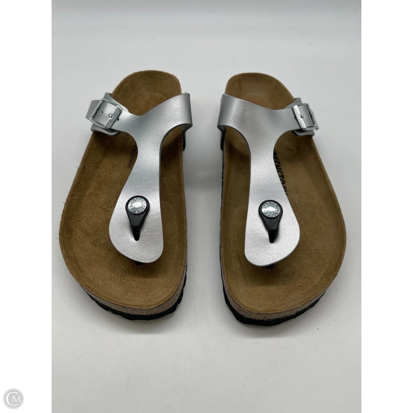 Sandals Flip Flops By Birkenstock In Silver, Size: 8