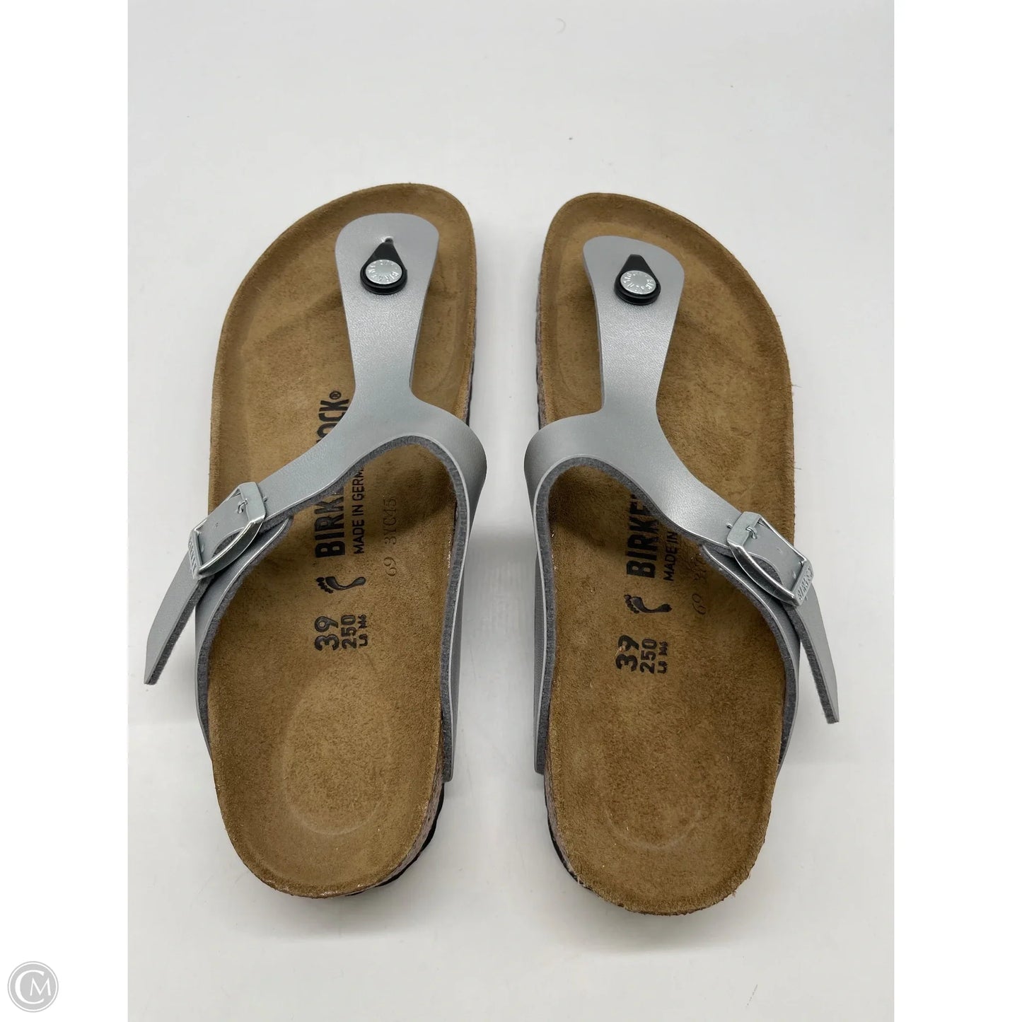 Sandals Flip Flops By Birkenstock In Silver, Size: 8