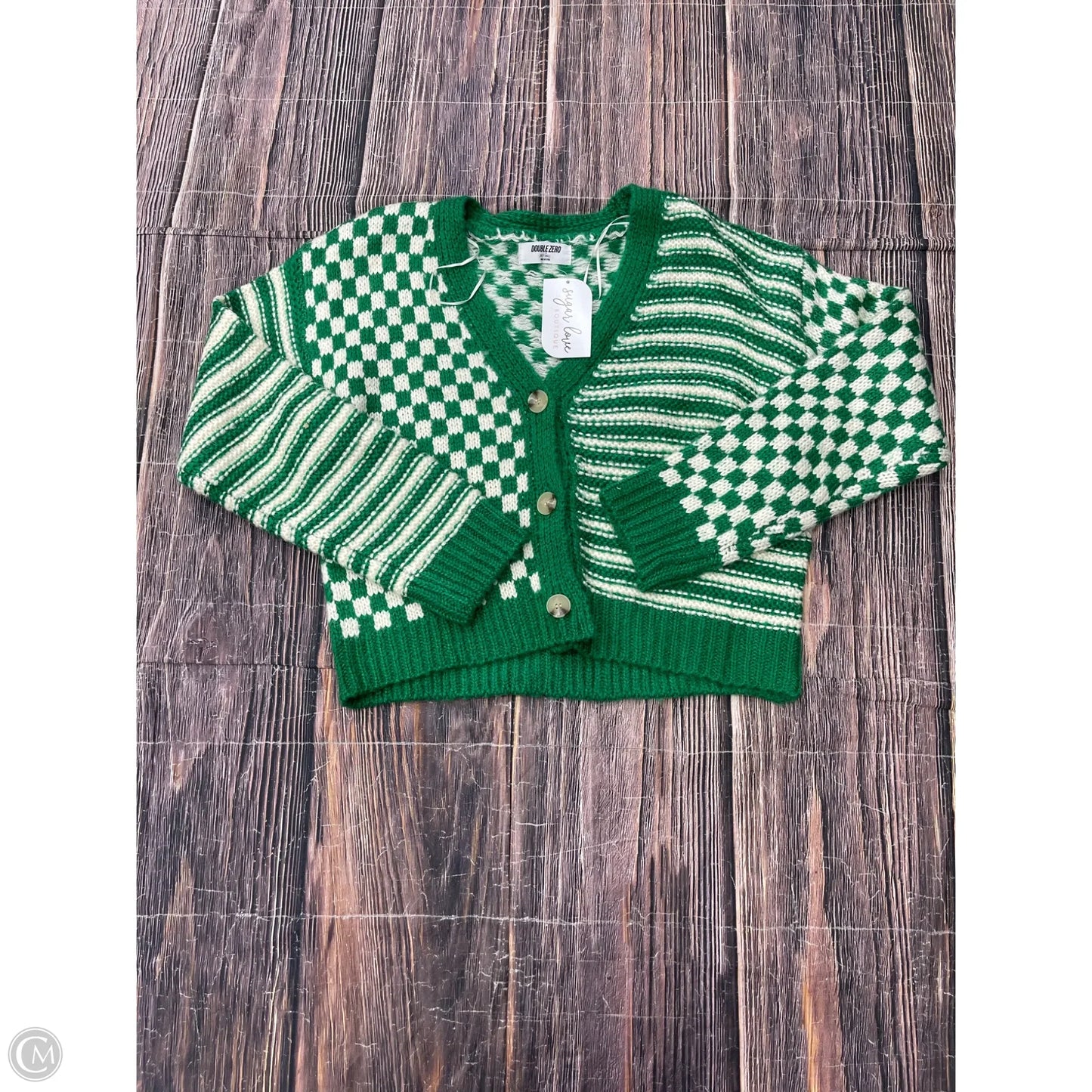 Sweater Cardigan By Double Zero In Green & White, Size: S