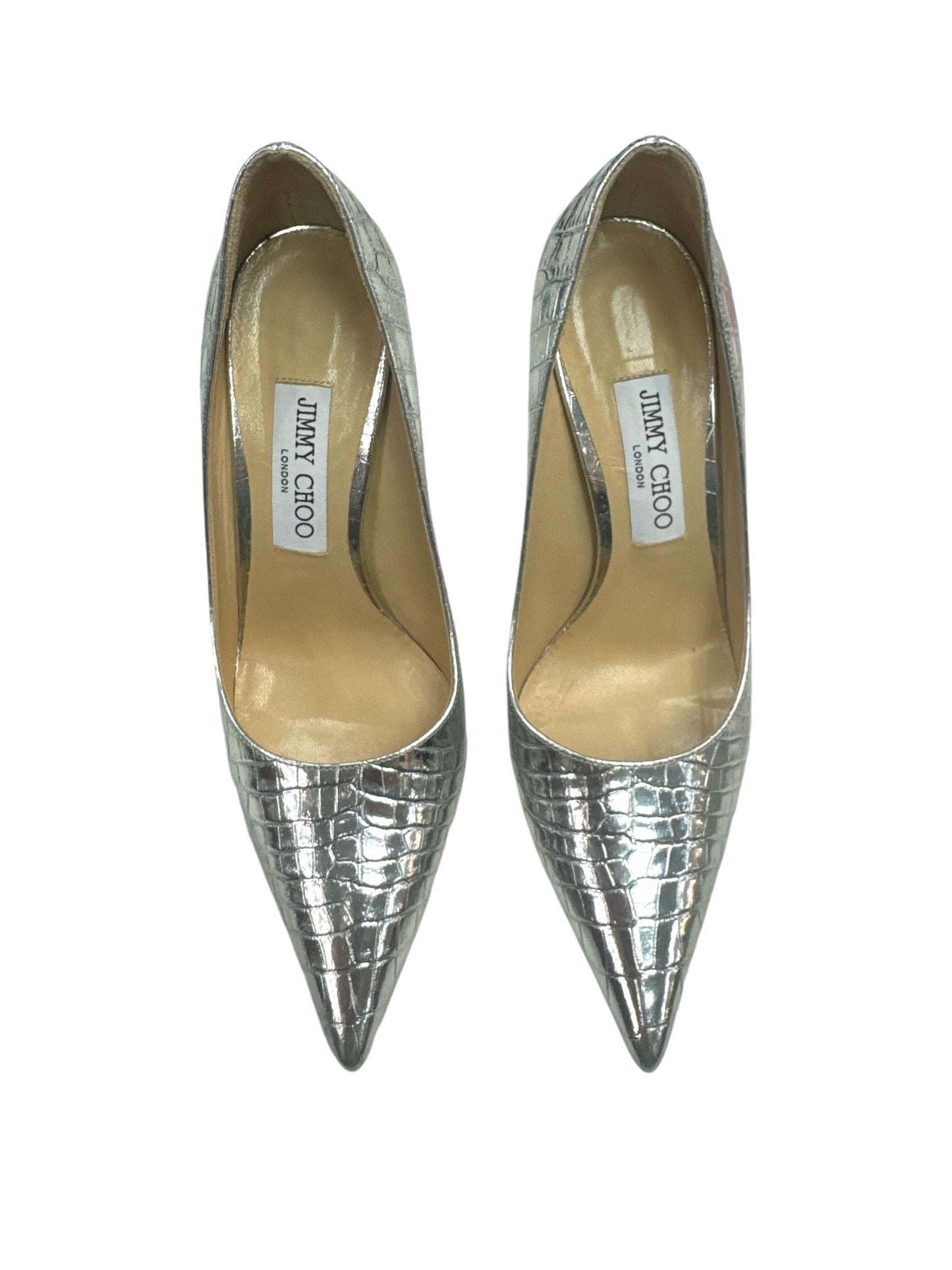 Shoes Luxury Designer By Jimmy Choo In Silver, Size: 7.5