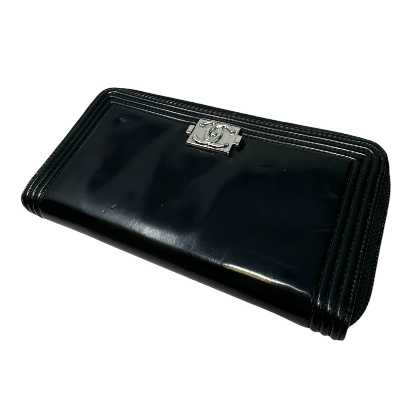 Boy Zippy Black Patent Long Wallet Luxury Designer By Chanel, Size: Large